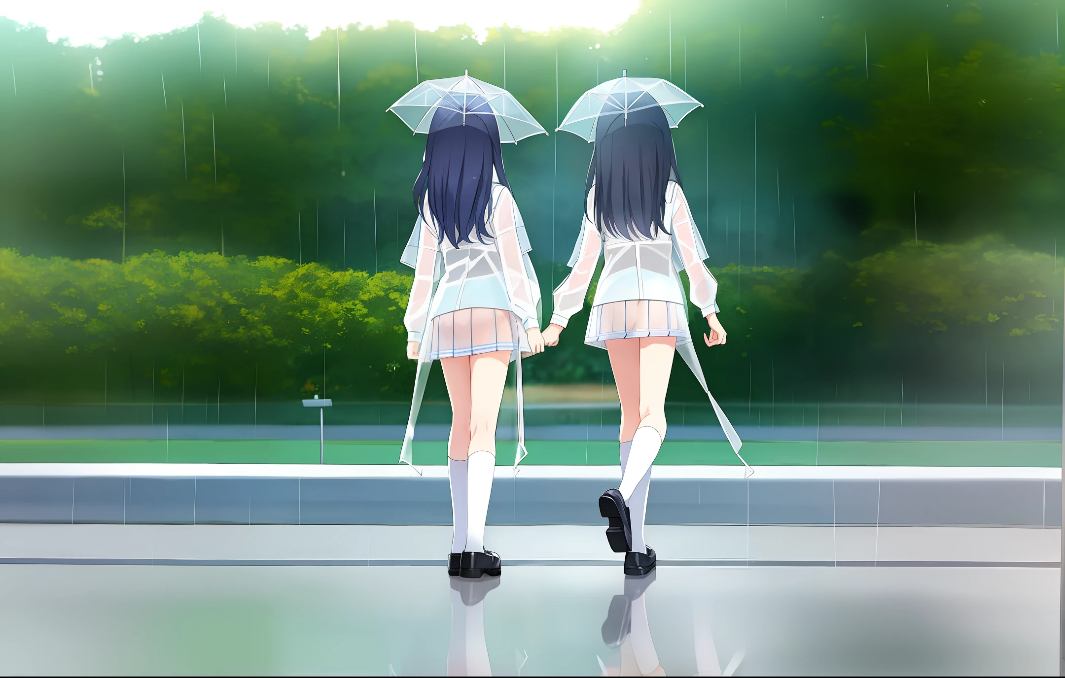 Lolis wearing 95% transparent plastic school uniforms on a rainy day.