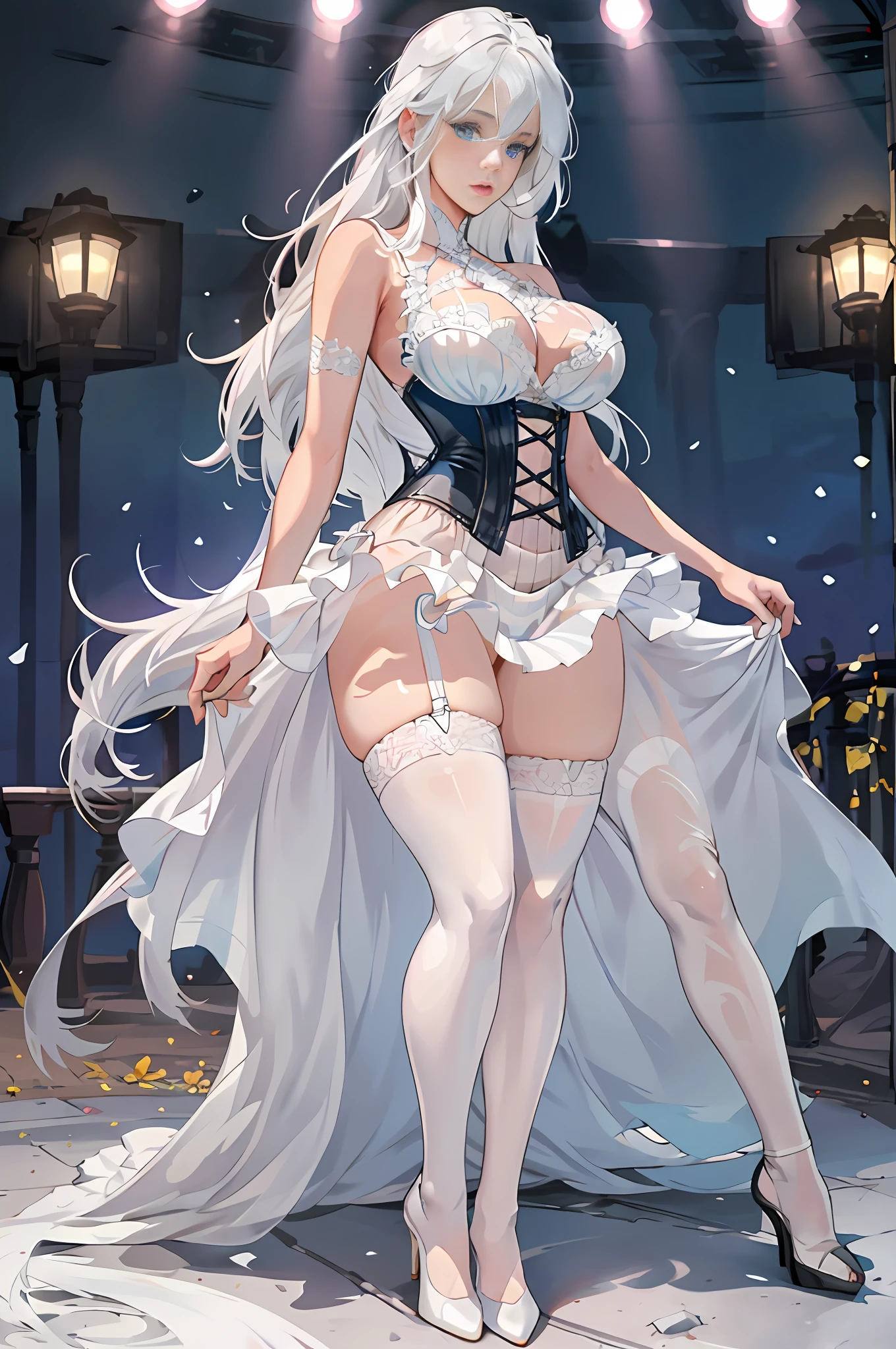 Ultra-realistic 8k CG, beautiful girl, breasts, white hair, blue eyes, puffiness, NSFW, plump body, corset, fleshy thighs, white patterned stockings, high heels, full body, looking at the audience, symmetry