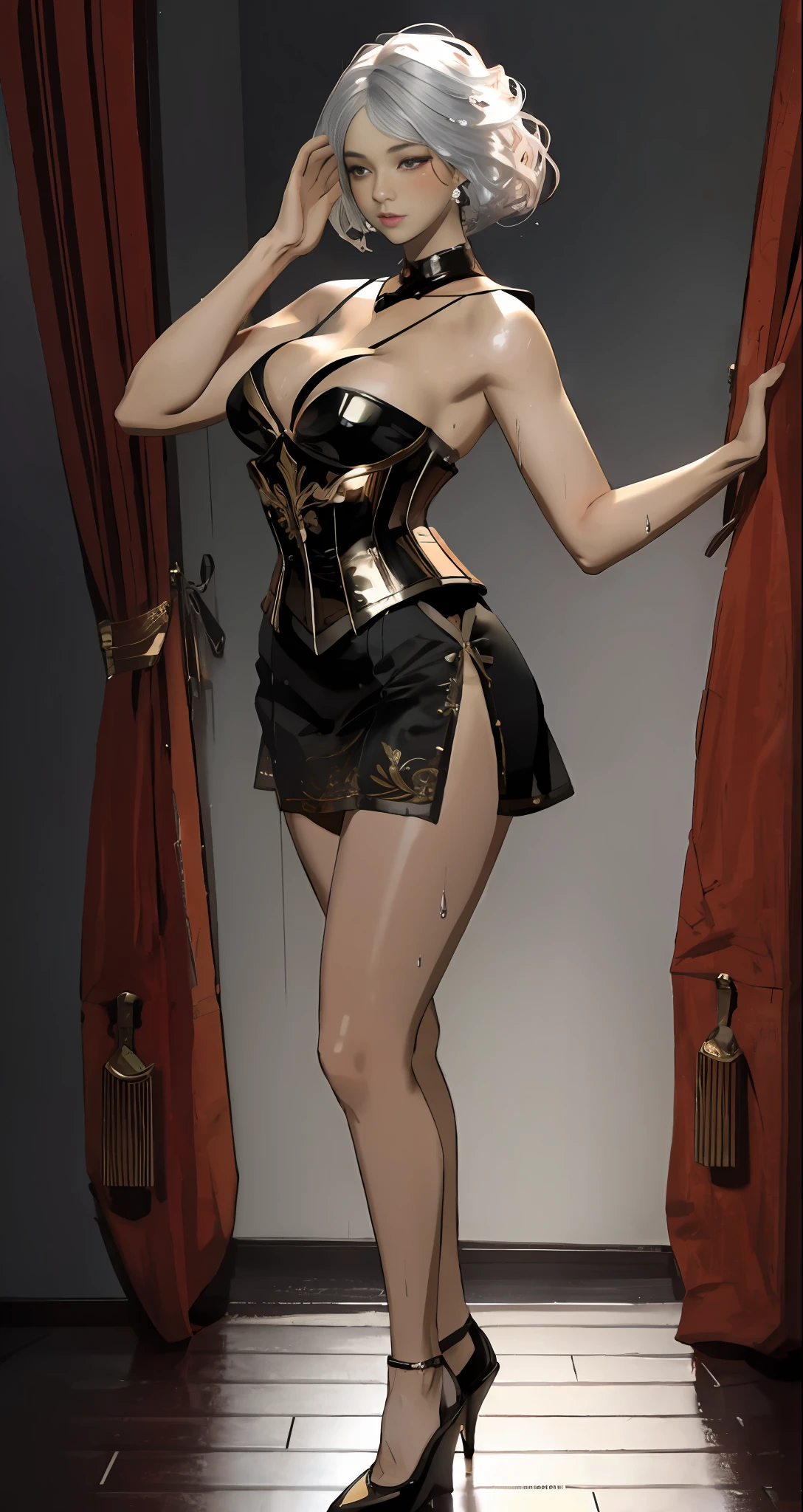 Unbeatable masterpiece, ultra-high resolution, best quality, 8K, official art, very detailed, realistic, realistic, cinematic lighting, perfect female figure, detailed background, looking at the audience, slim, shiny red eyes, blushing, heavy breathing, silver hair, face makeup, corset, pantyhose, high heels, wet, puffiness, standing, sexy pose, seduction pose, sweaty body, realcumAI, ulzzang-6500-v1.1,