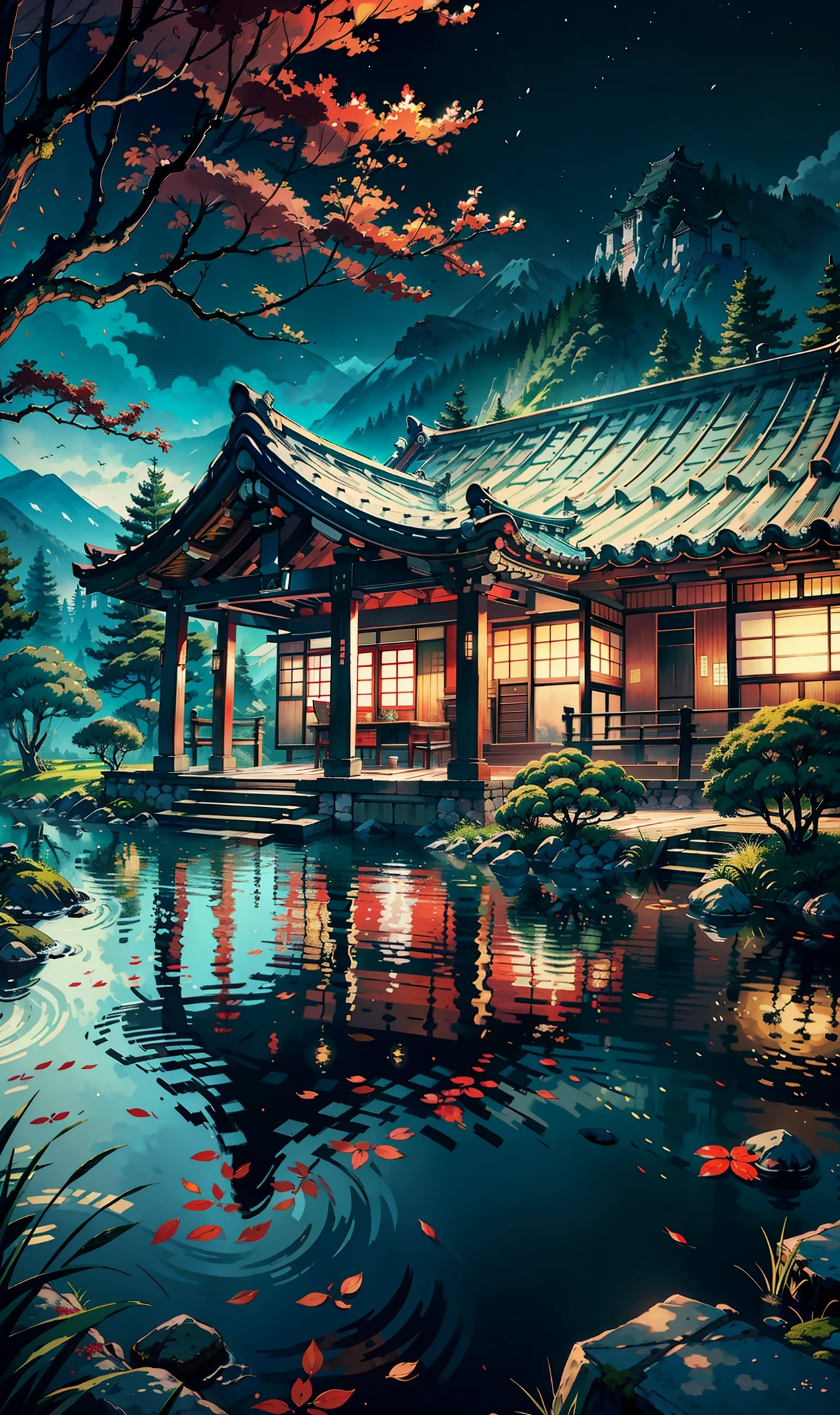 Wallpaper, ((masterpiece)), (best quality), (high detial), ((realistic,)) Japanese traditional architecture, red scale tile roof, exquisite carvings, drizzle, moss-covered stone slabs, streams, mountains, moonlight, soft light, mysterious and charming atmosphere --v 6