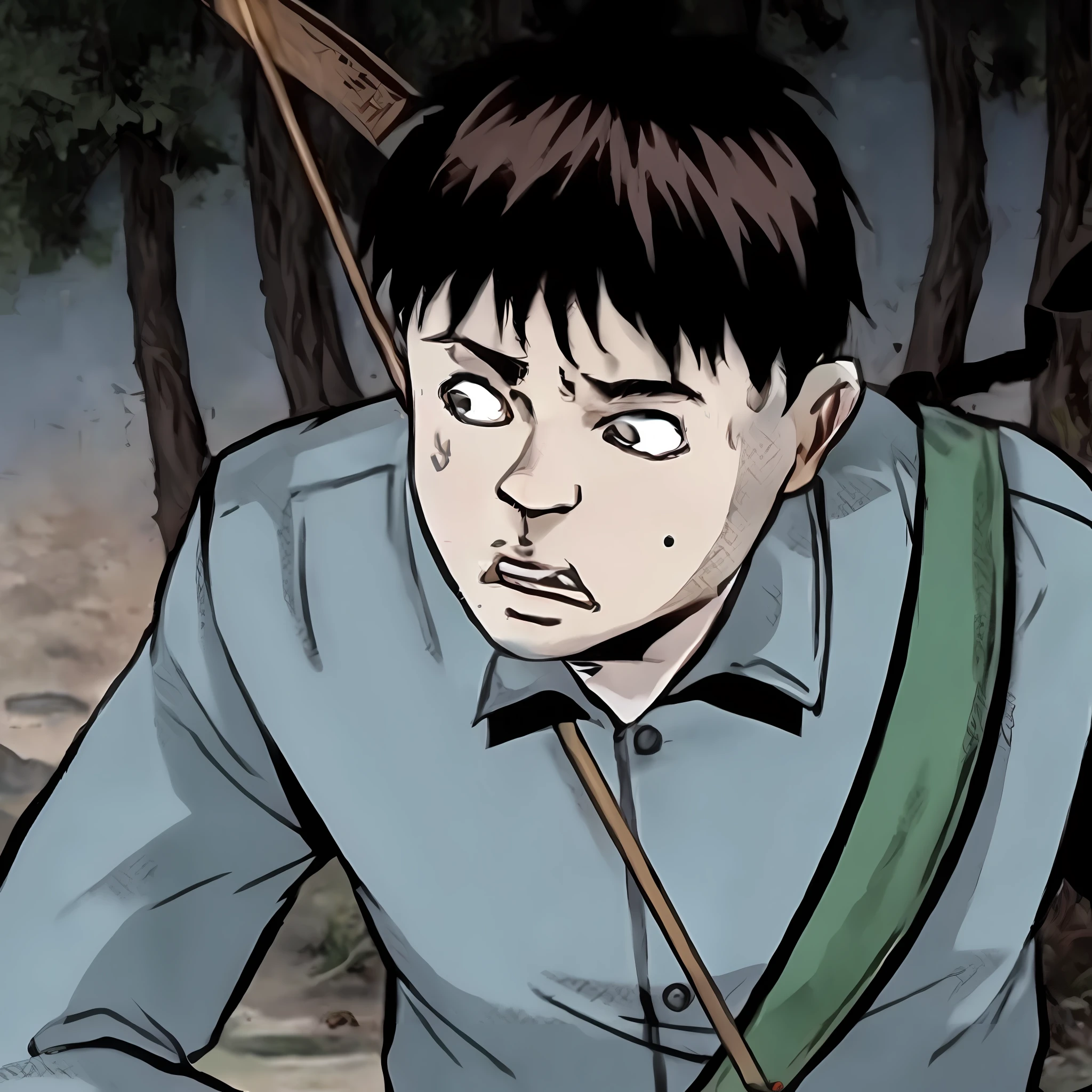 Close-up of the man with a knife in the forest, subtle Junji Ito, Boy with a Knife, Junji Ito's undertone, Brian Lee O'Malley, Junji Ito and Greg Rutkovsky, Junji Ito style, Junji Ito style, Berserker manga, Junji Ito style, Kentaro Miura manga style