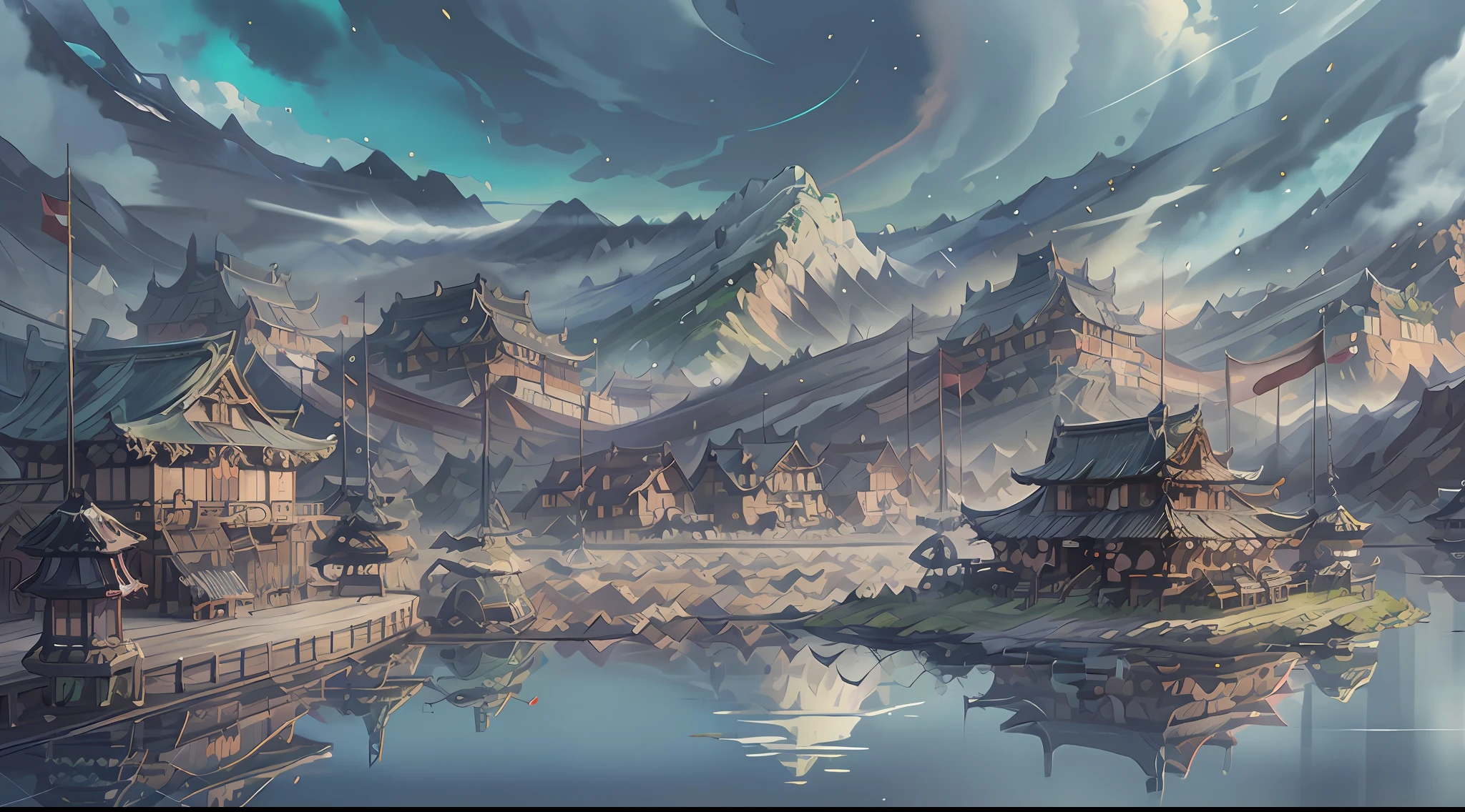 Masterpiece, best quality, official art, 8k wallpaper, panorama, very detailed, illustration, Chinese big household, mountains and rivers, wealthy, plaque, wide footprint