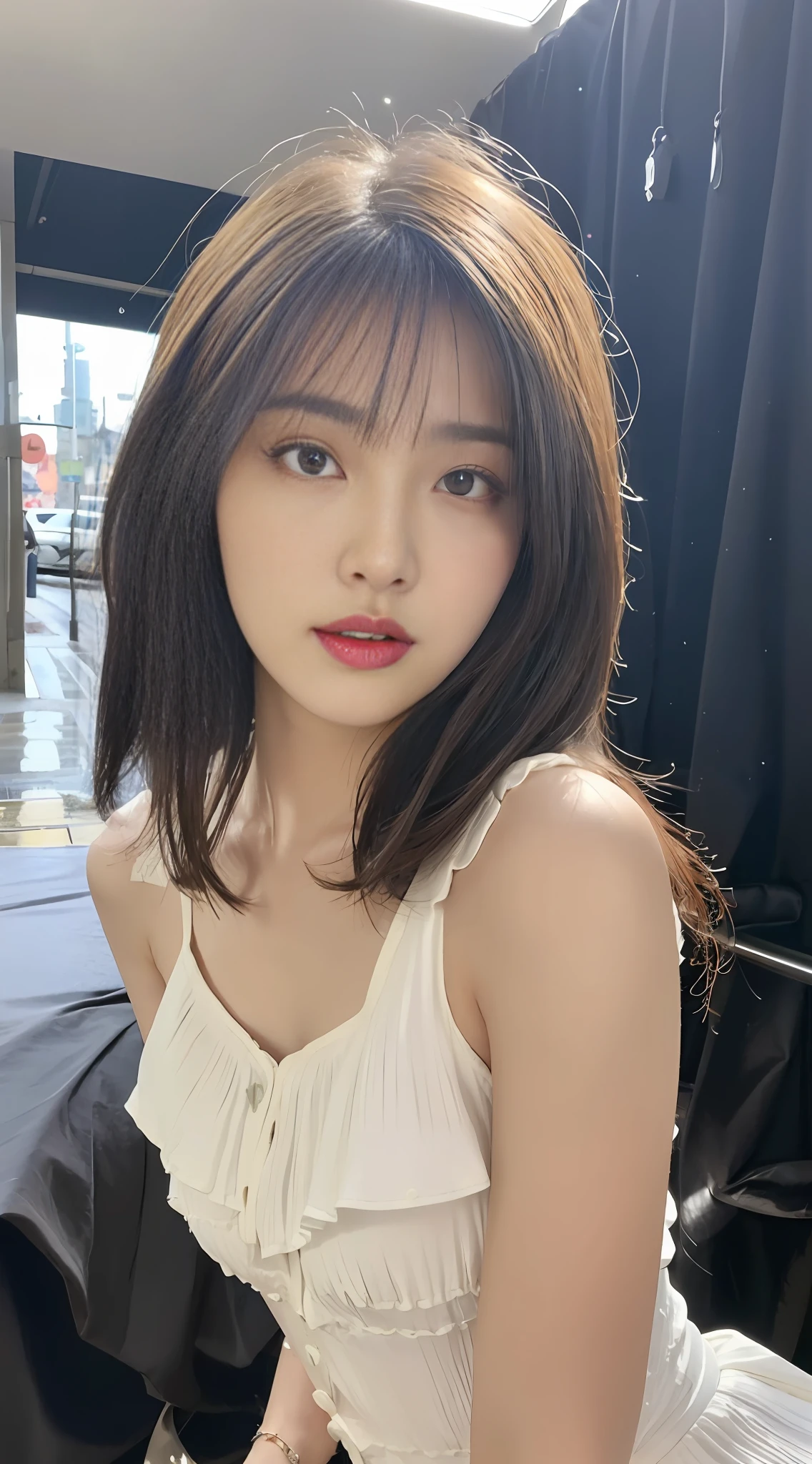 ((Best Quality, 8k, Masterpiece: 1.3)), Focus: 1.2, Perfect Body Beauty: 1.4, Buttocks: 1.2, (Layered Haircut: 1.2)), (Rain, Street:1.3), Bandeau Dress: 1.1, Highly Detailed Face and Skin Texture, Fine Eyes, Double Eyelids, Whitened Skin, Long Hair, (Round Face: 1.5) Black Hair Model Wearing Three-Point Half Pants Plump Short Sleeves Behind Black Hair Model Sideways