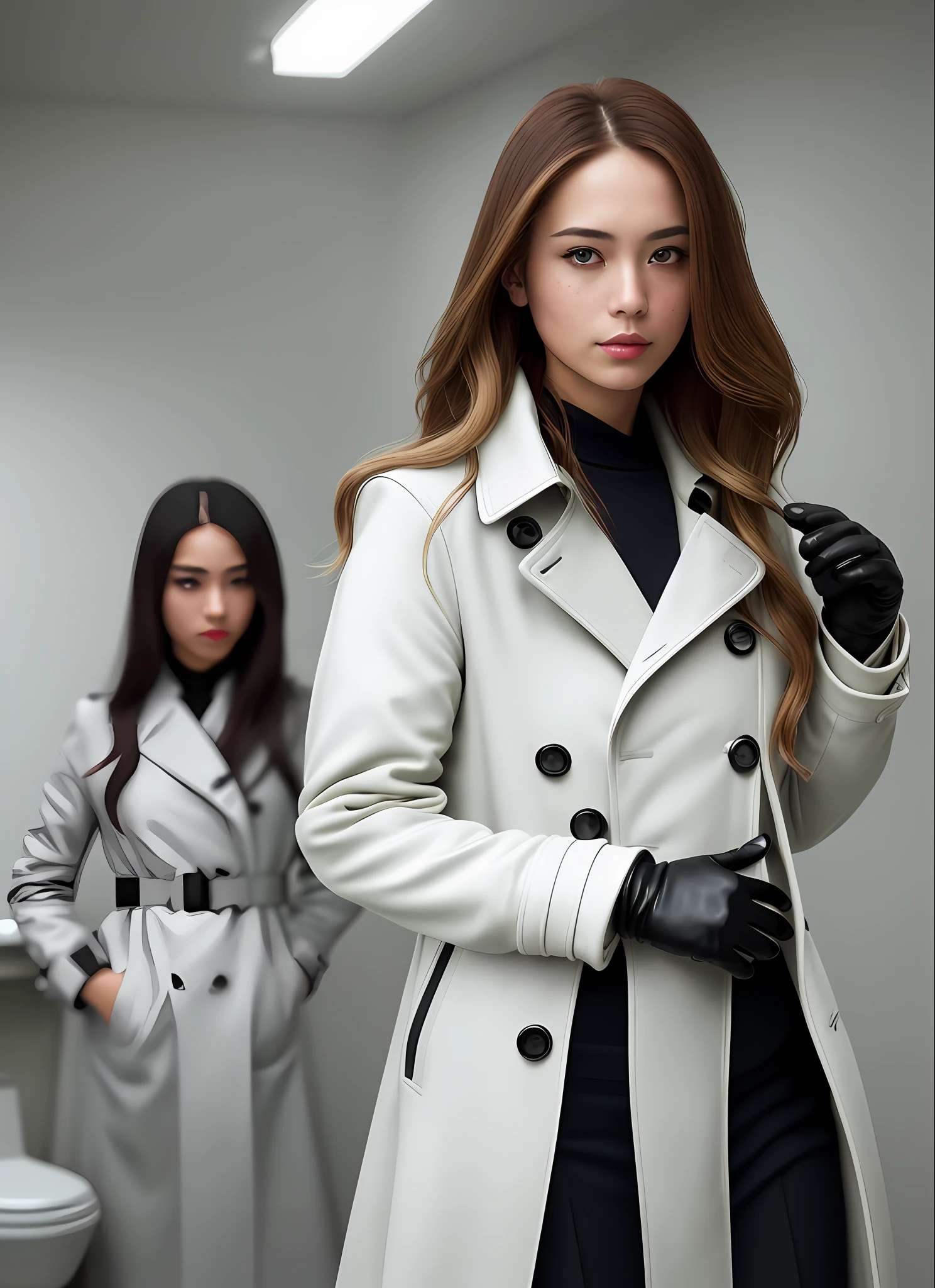 Professional portrait photo of gorgeous Japan girl in winter white trench coat with long wavy hair and black leather gloves ((sultry flirty look)), freckles, beautiful symmetrical face, cute natural makeup, ((Old man is in the back standing in the boys' public toilet)), stunning modern urban luxury environment, full color, ultra-realistic, Concept art, elegant, highly detailed, complex and sharp focus, depth of field, f / 1. 8, 85mm, medium shot, mid shot, (center image composition), (professional color grading), (bright soft diffused light)), volumetric fog, instagram trends, tumblr trends, HDR 4K, 8K, Fujifilm X-T5 vintage look, lots of drama