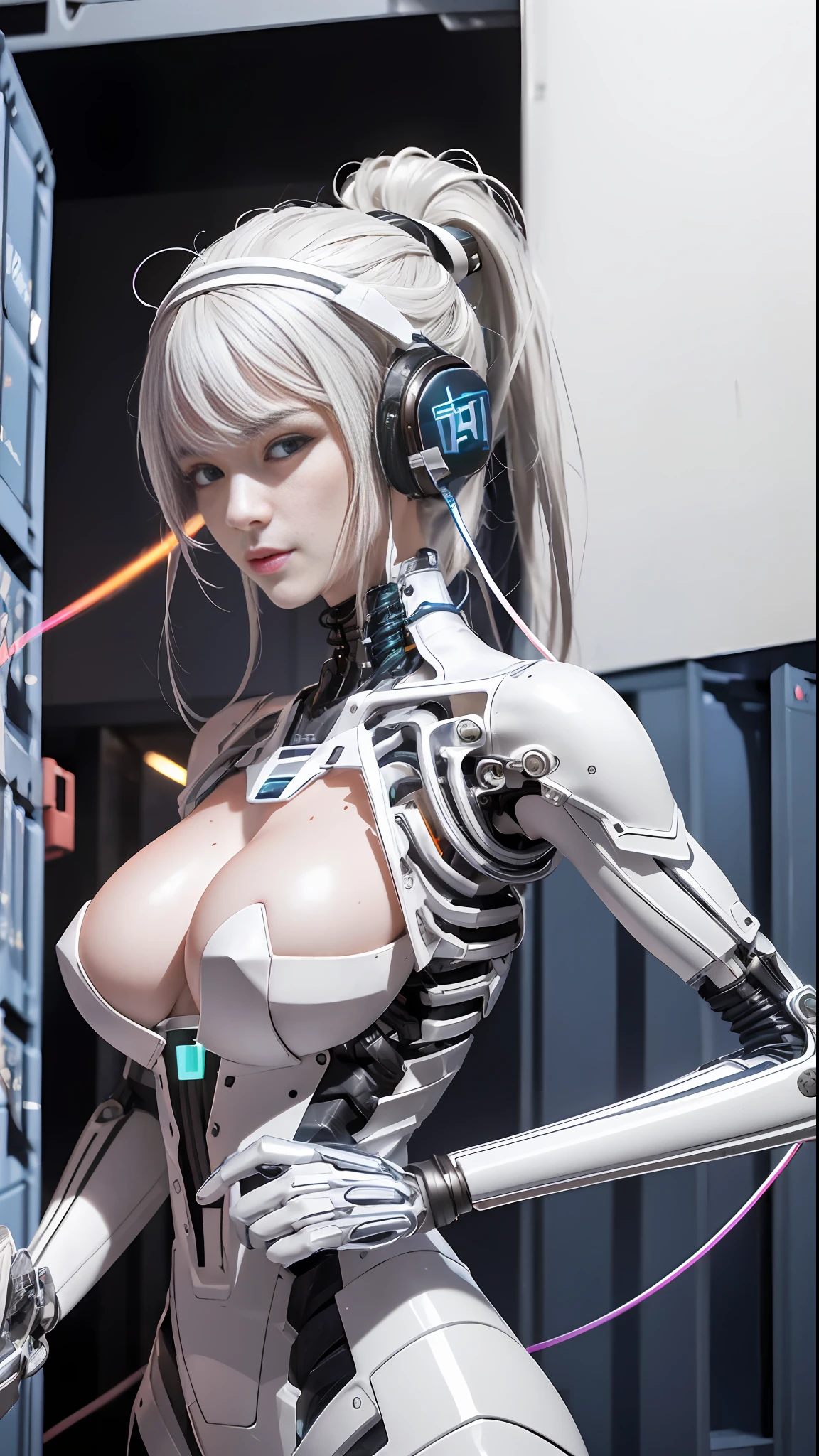cultivation tank, (16K RAW Photo ),(CanonEOS, Lens, 85mm F1.2, ISO100, ShutterSpeed500), ((nudity)), ((masterpiece, best quality, beautiful and aesthetic:1.0)), ((ultra-detailed)), cinematic light, ((1girl:1.3)), (character focus), smile, looking at viewer, ((white and silver cybernetic implants)), blood vessels connected to tubes, mechanical vertebra attaching to back, ((colored electronic cables and chips:1.0)), (((full of optical fiber cables that are wired in the implanted parts in the body covered translucent metallic skin:1.0))), ((large breasts:1.0)), ((mechanical limbs)), biomechanical, ((Colorful high ponytail)), (machine made joints:0.8), ((mechanical headphones)), ((body of precision machine:1.0)), (wires and cables attaching to body:1.2)), (in container:1.6), (mechanical parts:0.5)