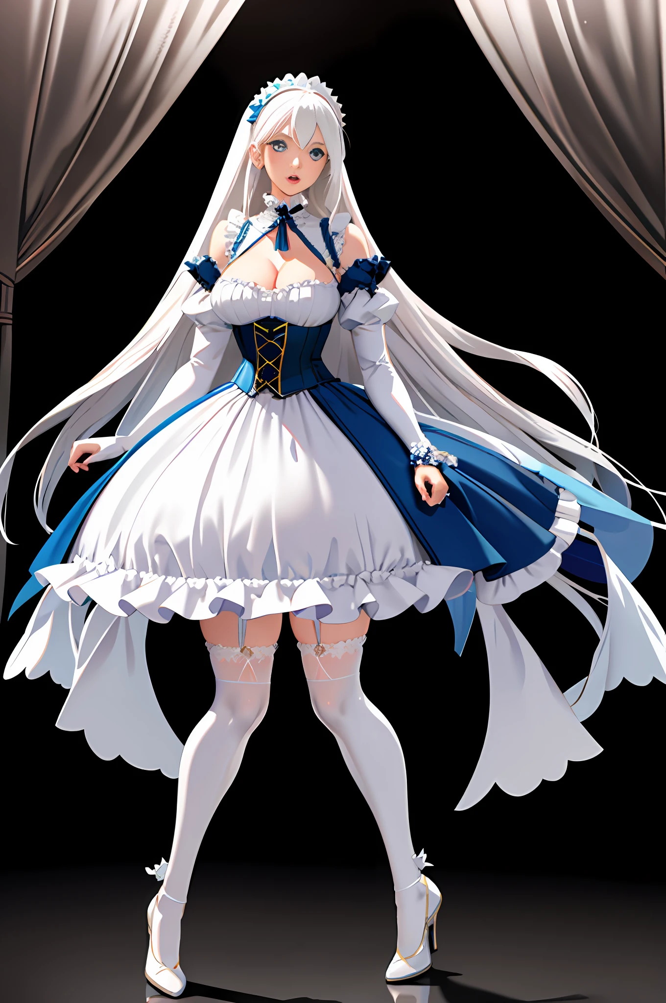 Ultra-realistic 8k CG, beautiful girl with white hair, blue eyes, open mouth, puffy, plump body, corset breast, fleshy thighs, white floral pattern stockings, high heels, full body, looking at the audience, symmetry