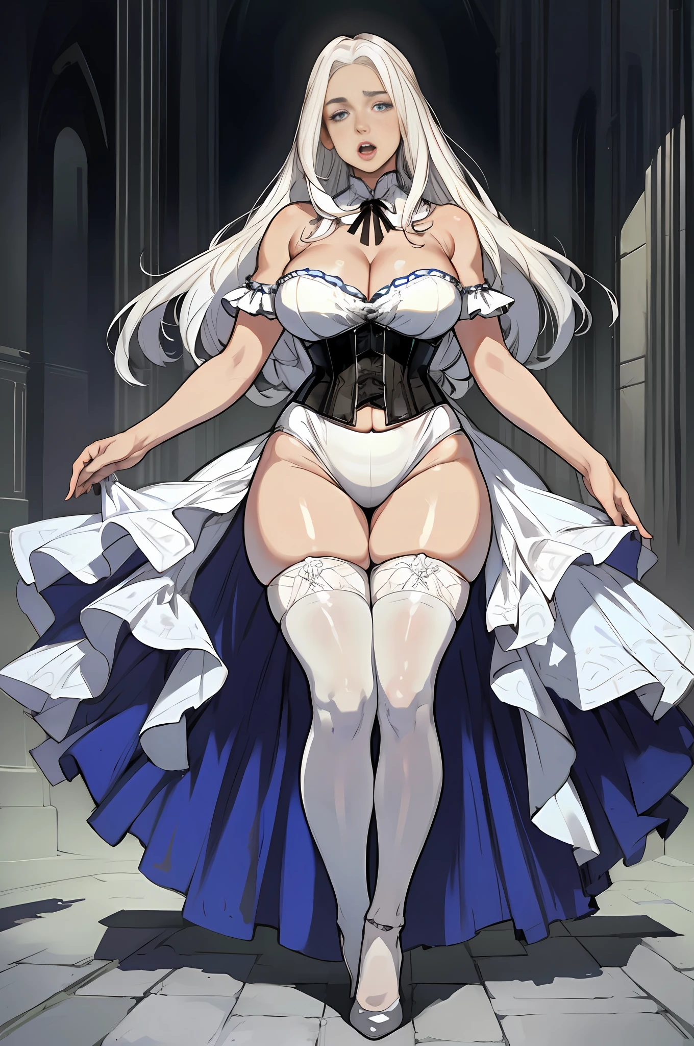 Ultra-realistic 8k CG, beautiful girl with white hair, blue eyes, open mouth, in mouth, puffy, plump body, corset, fleshy thighs, white patterned stockings, high heels, full body, looking at the audience, symmetry