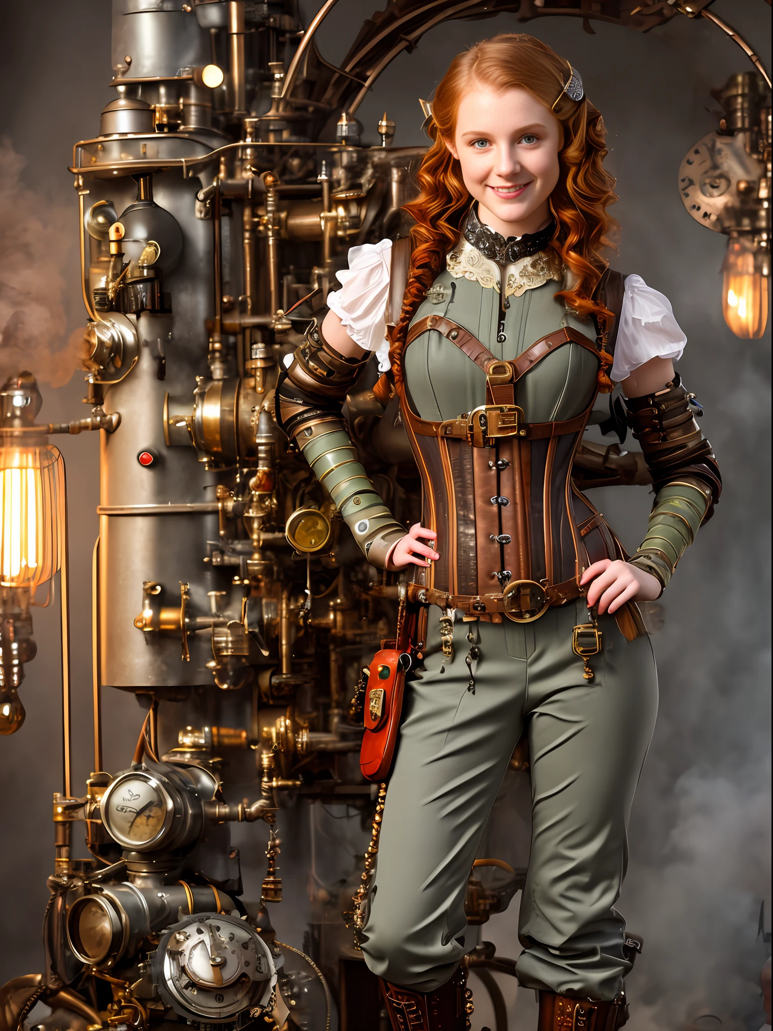Full body Portrait photograph of a cute pretty fashionable smiley teenager girl posing cool and in light gray steampunk corset and jumpsuit and red long boots, wearing a mechanical steampunk backpack with big metal wings, perfect detailed face, wavy ginger hair, detailed symmetric dark green eyes with circular iris, fine steampunk details, intercom headset, steampunk choker, intricate steamy background with lots of steam pipes and steam valves and pressure gauges and gears, warm cinematic lighting, high contrast lighting, trending on ArtStation, hyper photorealism, DSLR, Canon 5D, 8k resolution,