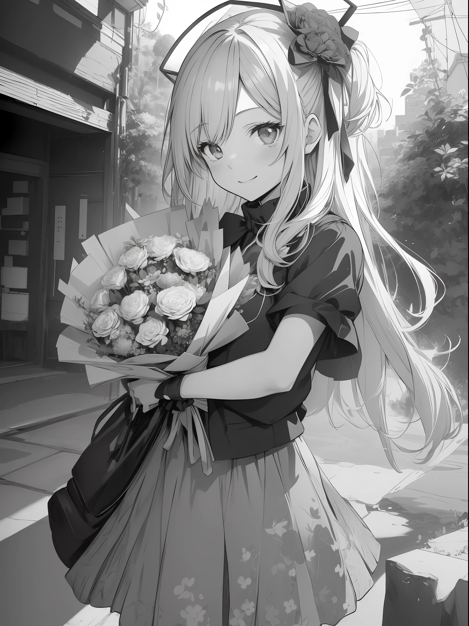 , (cute girl), (((holding a bouquet of flowers in hand))) smile is often expressive and visually integrated with other art. Break design a manga-style background with hatching or pointillism effects to give depth and texture to the scene. Break designs images using manga-style screentones and creates shading and patterns through small dots, lines, or other repetitive shapes. Breaking incorporates manga-style speech bubbles that are often expressive and visually integrated with other art. Break is a panel layout unique to manga that guides the reader's eyes and controls the pace of the story to explain the image.