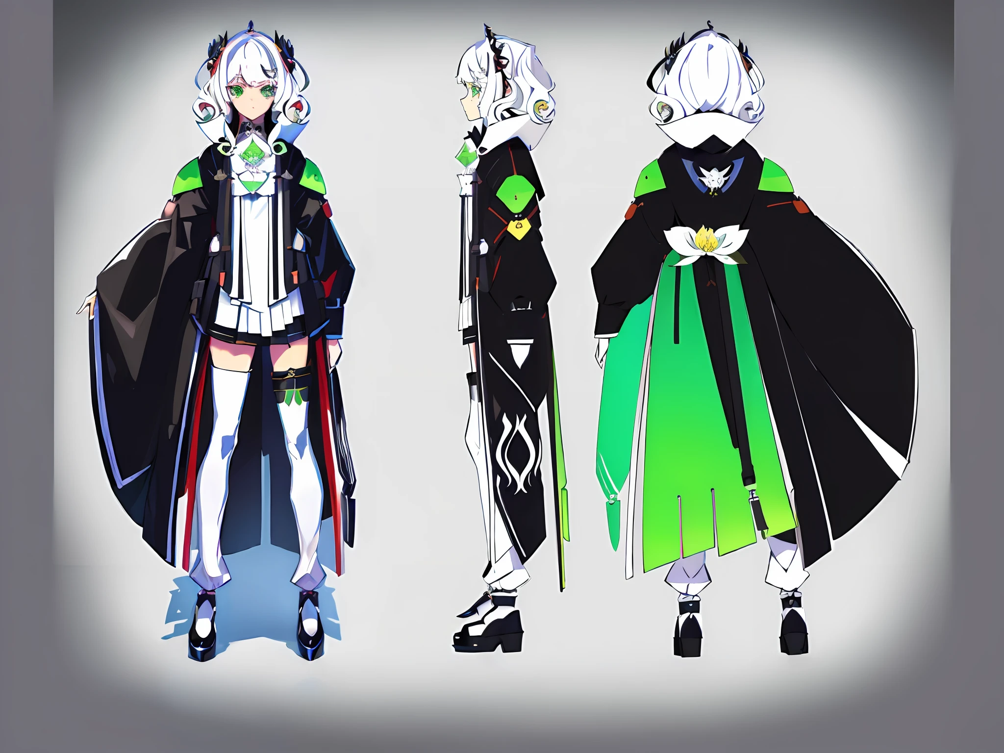 (((Masterpiece)),((Best Quality))),(((Detailed Face))),((vtuber Character Design Sheet, Same Character, Front, Side, Back)), Illustration, 1 Imperial Sister in White Suspender and Colored Transparent Coat, Green Pupils, Black Half-Curly Long Hair, Danphoenix Eyes, Lotus, Environmental Scene Change, Posture Also (Simple Background, White Background: 1.3)