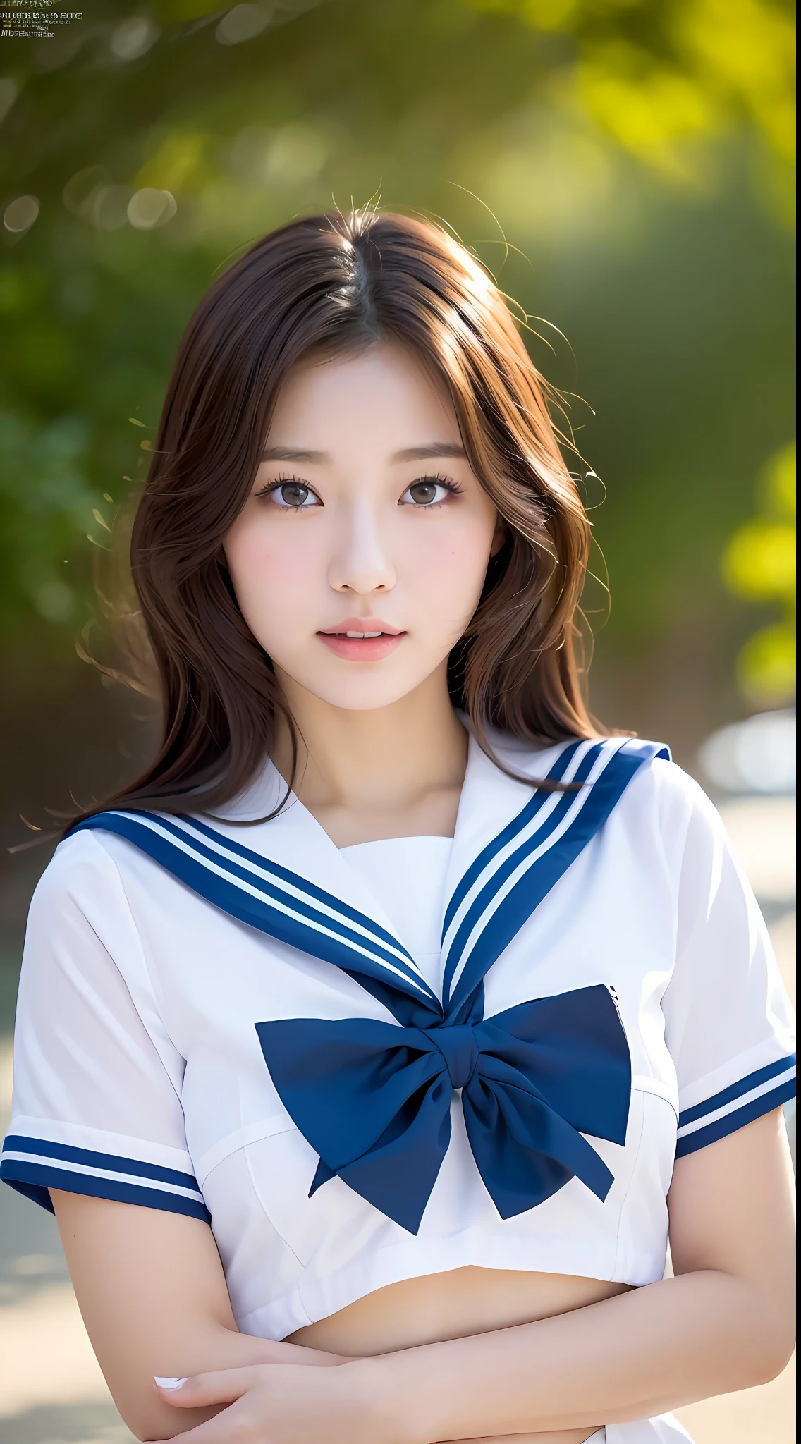 (Best Quality, 8k, 32k, Masterpiece, UHD: 1.2), Cute Japan Woman Pictures, One Girl, (Big), (Tall Women), (Abs), (Lips), (Medium Short Dark Brown Hair), Double Eyelids, Sailor Uniform, Back, Realistic Rays, Beach