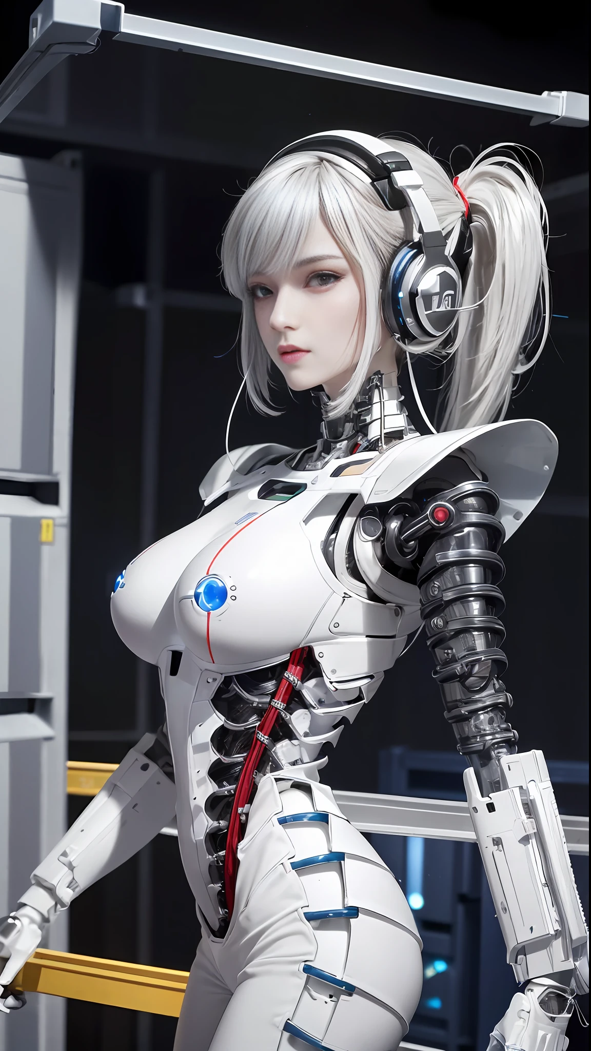 cultivation tank, (16K RAW Photo ),(CanonEOS, Lens, 85mm F1.2, ISO100, ShutterSpeed500), ((nudity)), ((masterpiece, best quality, beautiful and aesthetic:1.0)), ((ultra-detailed)), cinematic light, ((1girl:1.3)), (character focus), smile, looking at viewer, ((white and silver cybernetic implants)), blood vessels connected to tubes, mechanical vertebra attaching to back, ((colored electronic cables and chips:1.0)), (((full of optical fiber cables that are wired in the implanted parts in the body covered translucent metallic skin:1.0))), ((large breasts:1.0)), ((mechanical limbs)), biomechanical, ((Colorful high ponytail)), (machine made joints:0.8), ((mechanical headphones)), ((body of precision machine:1.0)), (wires and cables attaching to body:1.2)), (in container:1.6), (mechanical parts:0.5)
