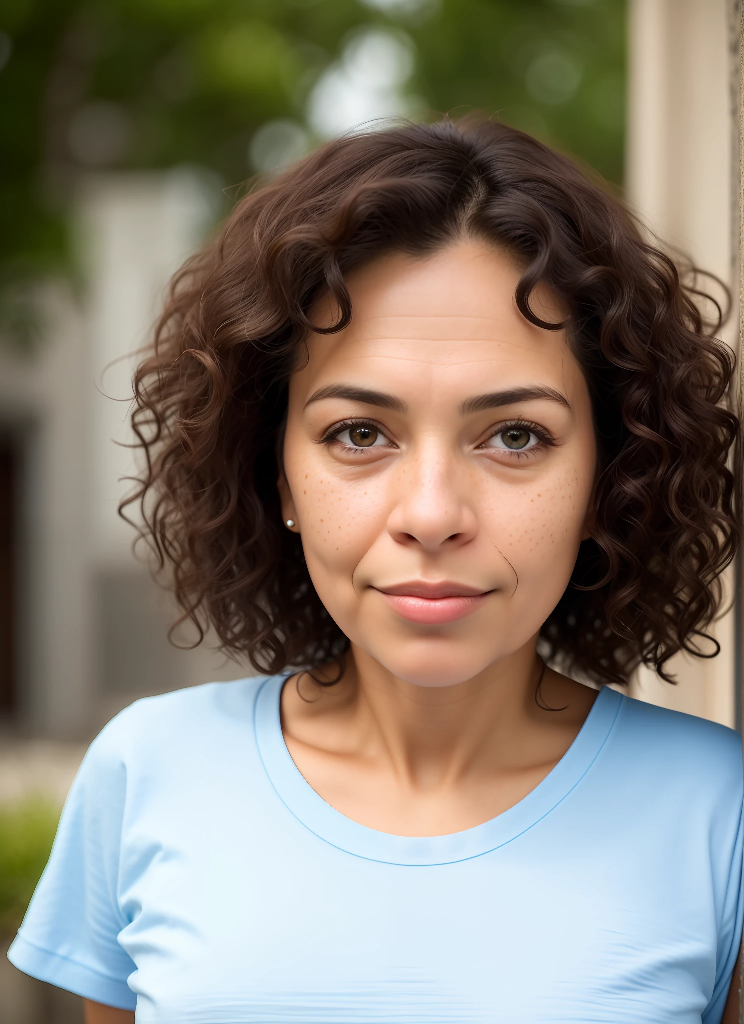 masterpiece, realistic, detailed eyes, beautiful, looking at the viewer, natural lighting, depth of field, film grain, wrinkled skin, ((45yo)), Brazilian, female, solo, wearing T-shirt, short wavy black hair, brown eyes, freckles, from the waist up, Portrait. Front view, Exterior