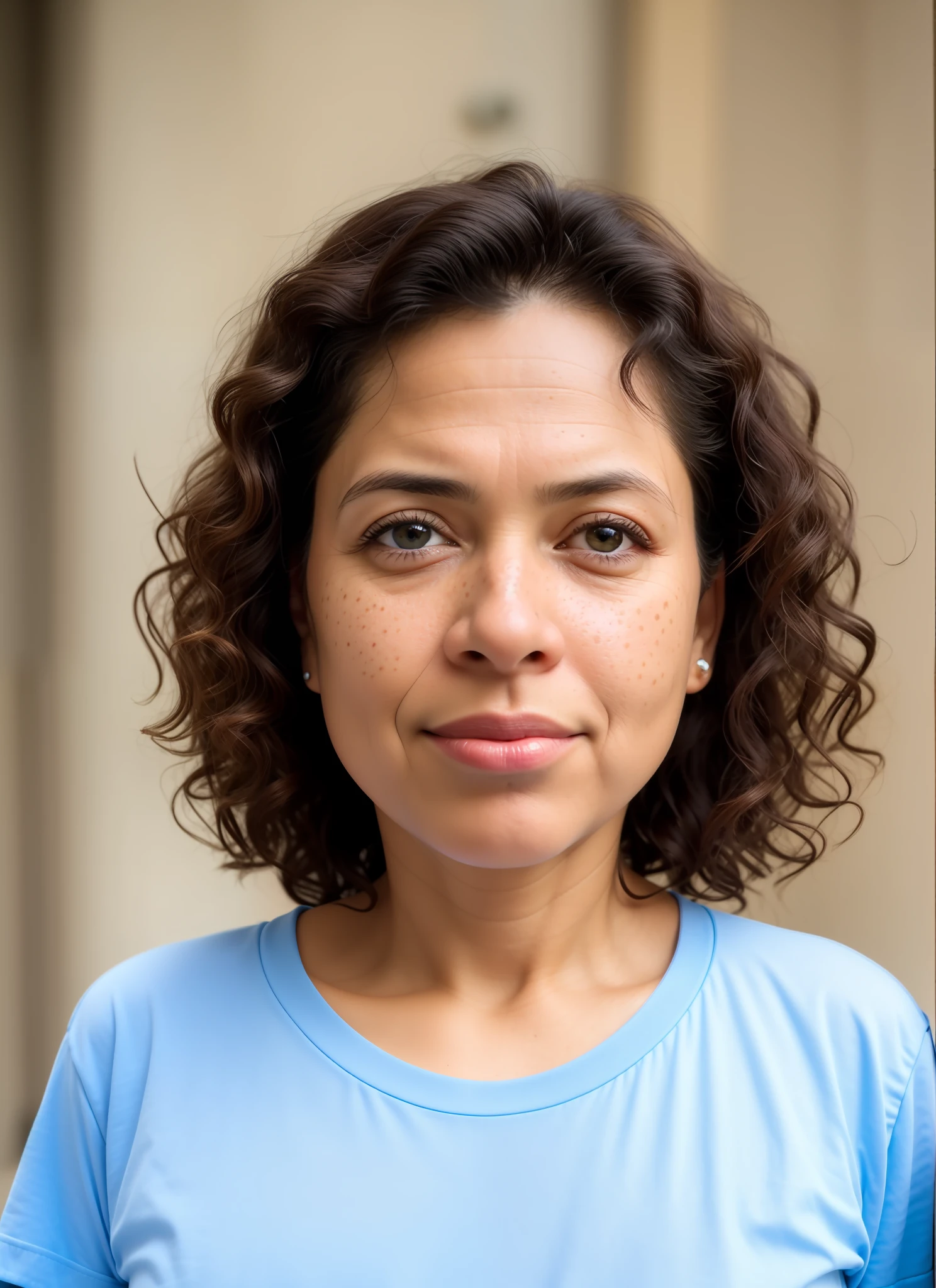 masterpiece, realistic, detailed eyes, beautiful, looking at the viewer, natural lighting, depth of field, film grain, wrinkled skin, ((45yo)), Brazilian, female, solo, wearing T-shirt, short wavy black hair, brown eyes, freckles, from the waist up, Portrait. Front view, Exterior