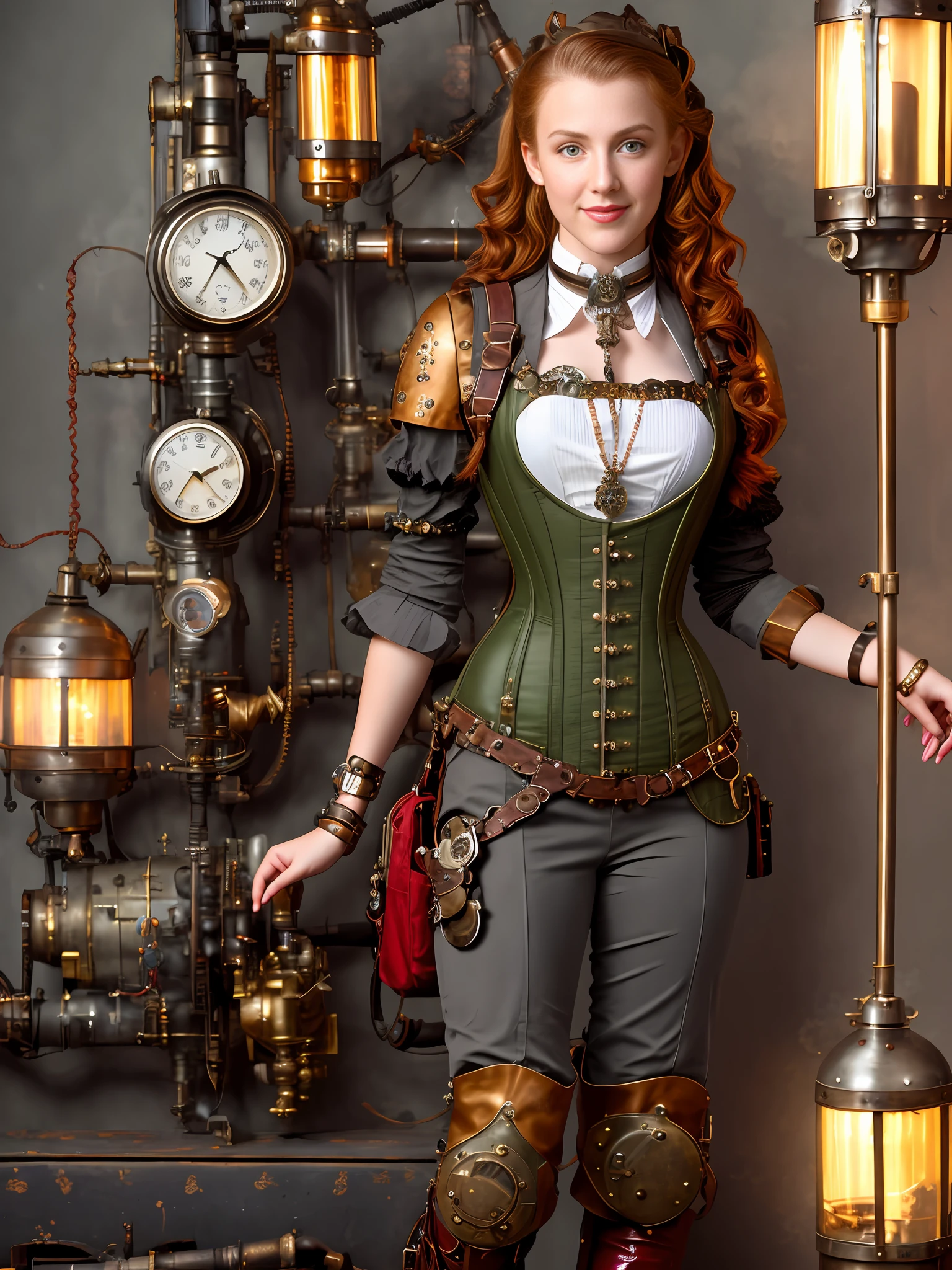 there is a woman in a steam punk outfit posing for a picture, wearing steampunk attire, steampunk girl, steampunk inventor girl, steampunk fantasy style, in a steampunk world, steampunk, a steampunk beautiful goddess, steampunk fantasy, steampunk style, steampunk clothes, steampunk cyberpunk, steam punk, in a steampunk laboratory, steampunk!, steam punk style, (steampunk), ( steampunk )