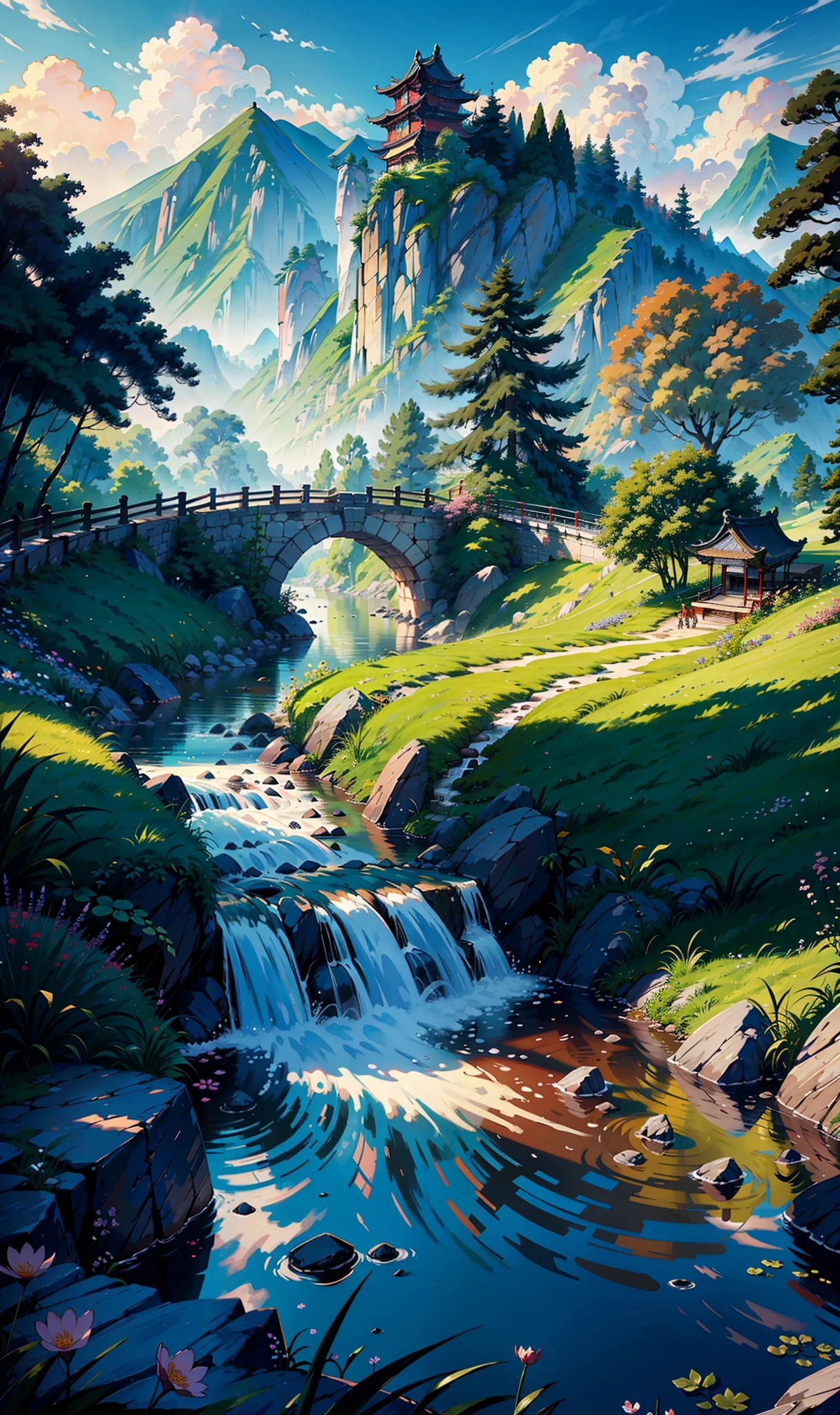 Wallpaper, (ultra-wide angle lens), (best masterpiece), magnificent scene, epic scene, 8K, ancient Chinese style architecture, small bridge flowing water, trail water, blooming flowers and lush green leaves around, distant mountains. Sunlight --v 6