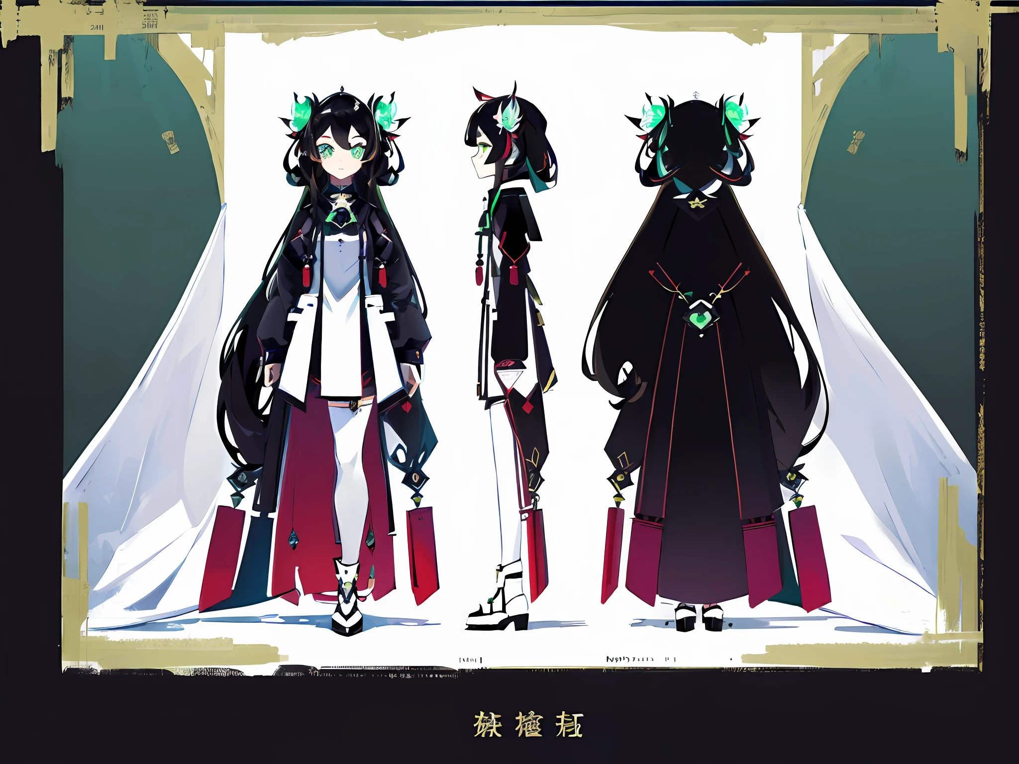 (((Masterpiece)),((Best Quality))),(((Detailed Face))),((vtuber Character Design Sheet, Same Character, Front, Side, Back)), Illustration, 1 Imperial Sister in White Suspender and Colored Transparent Coat, Green Pupils, Black Half-Curly Long Hair, Danphoenix Eyes, Lotus, Environmental Scene Change, Posture Also (Simple Background, White Background: 1.3)