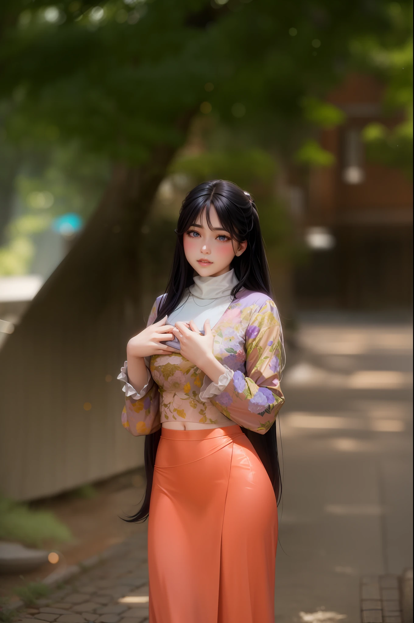 "Realistic portrayal of a beautiful young woman, with flowing white hair and piercing purple eyes. Her eyes seem to glow with an otherworldly light, and her parted lips reveal a hint of blush on her cheeks. She's wearing a stylish crop top and skirt, and is surrounded by a sea of vibrant flowers, illuminated by the warm light of the setting sun. The gentle sunlight casts a dreamy glow over the serene night scene."