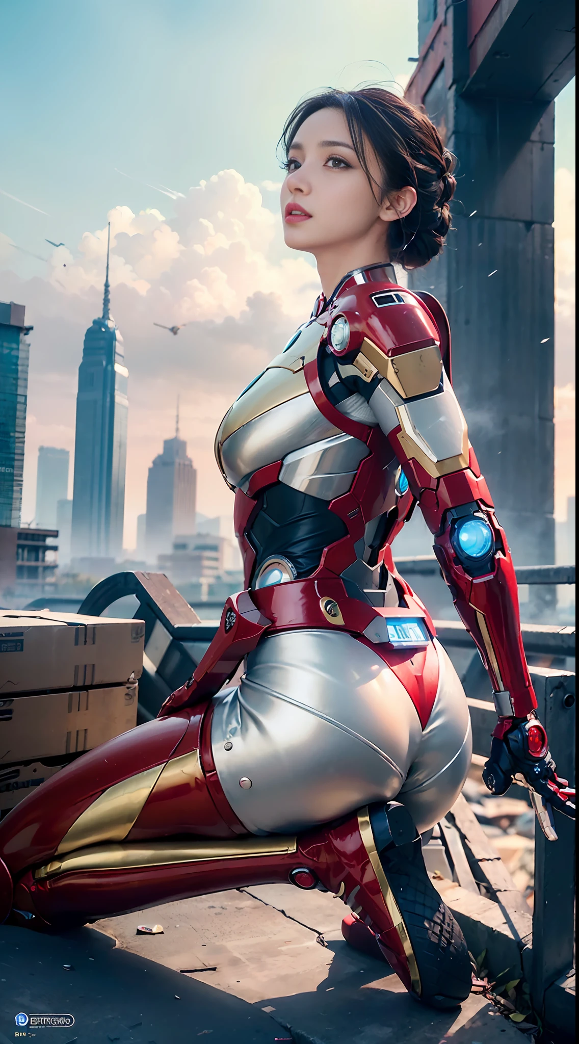 RAW, Masterpiece, Ultra Fine Photo,, Best Quality, Ultra High Resolution, Photorealistic, Sunlight, Full Body Portrait, Stunningly Beautiful,, Dynamic Poses, Delicate Face, Vibrant Eyes, (Side View) , she is wearing a futuristic Iron Man mech, red and gold color scheme, highly detailed abandoned warehouse background, detailed face, detailed and complex busy background, messy, gorgeous, milky white, high detailed skin, realistic skin details, visible pores , sharp focus, volumetric fog, 8k uhd, dslr camera, high quality, film grain, fair skin, photorealism, lomography, sprawling metropolis in futuristic dystopia, view from below, translucent