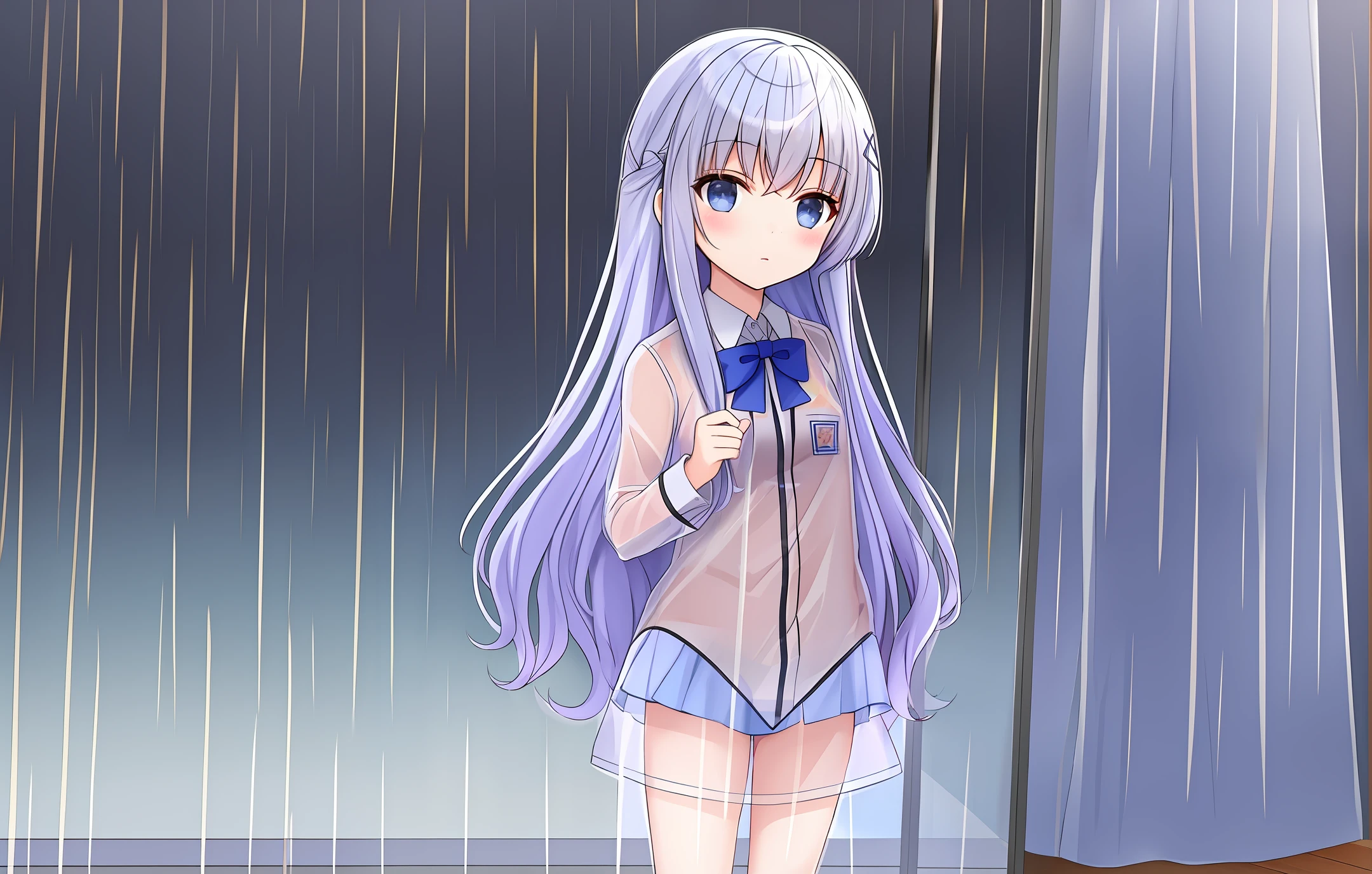 s wearing 95% transparent plastic school uniforms on a rainy day.