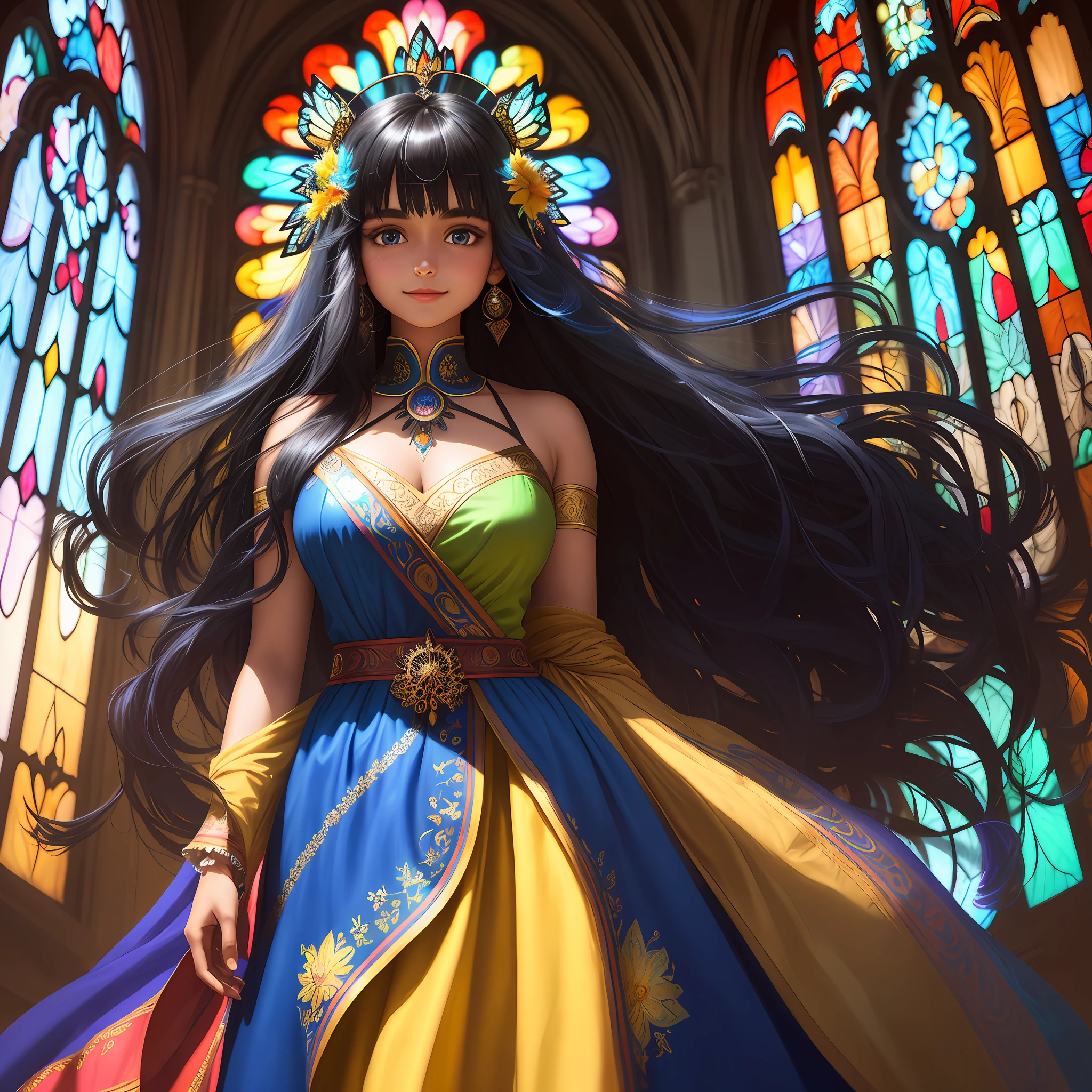 1girl, indian style, masterpiece, extremely detailed, (beautiful detailed shine), lens flare, extra long black hair with bangs, rainbow hair, long hair, multicolored royal blue dress, butterfly hair ornament, butterflies, (light particles), blue iris flowers with yellow core around, arms behind back, large breasts, [curvy], cowboy shot, clear smile, intense blue eyes,  church, stained glass windows with vibrant and highlighted colors, spotlight, dark background, floating hair, floating hair, looking at the viewer,((color)),