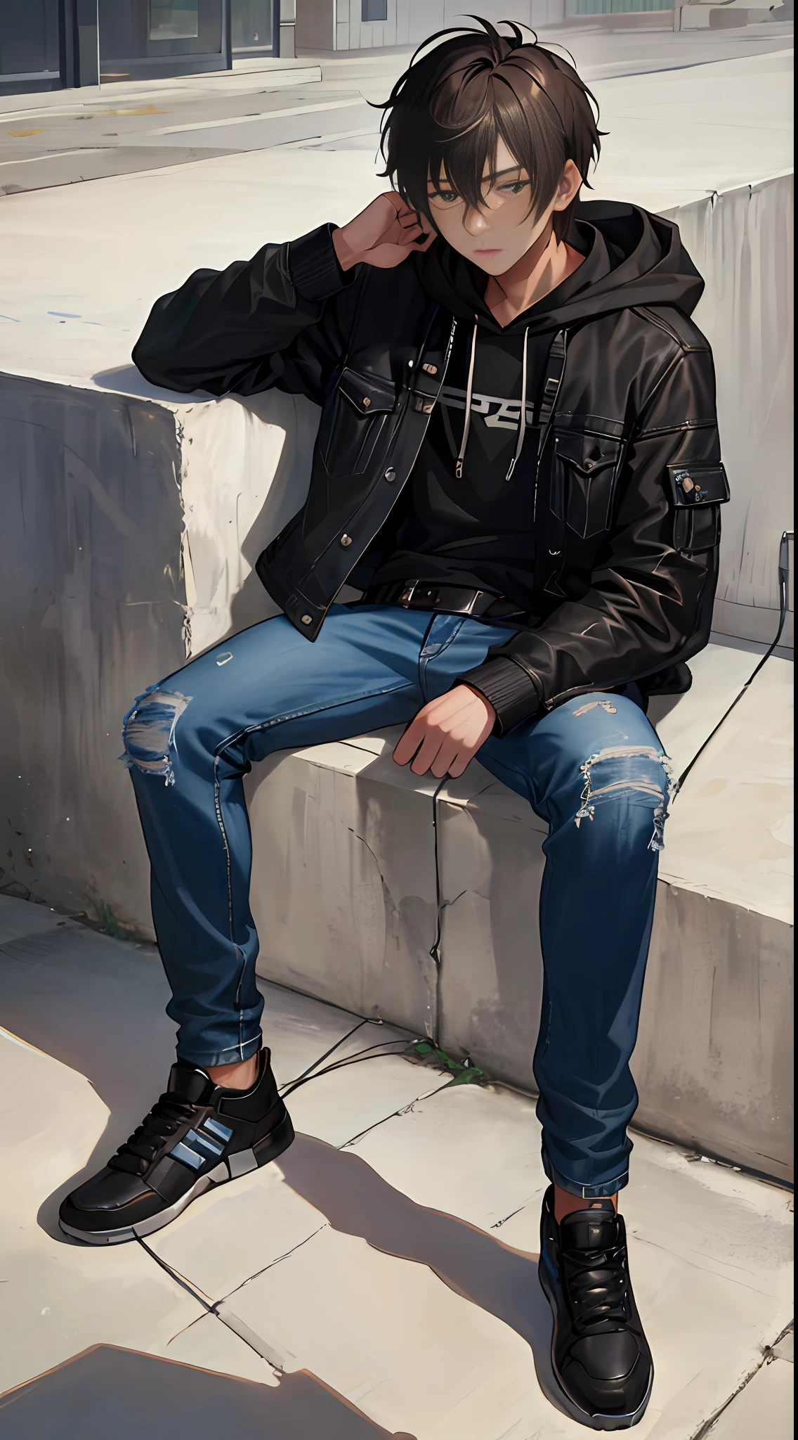 photo of a cool teenage boy , wearing jeans jacket and balck hoodie,brown short hairs ,bored face detailed,boring ,hands in cheek , sitting, looking up, outside, studio lighting,rim lighting, masterpiece