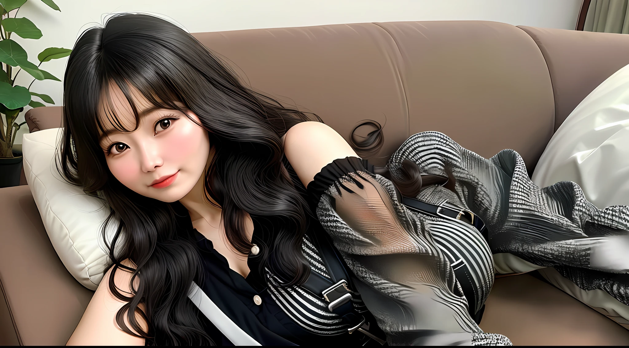 A mature woman lying on the sofa, with big black wavy hair, wearing suspenders, plump figure, delicate facial features, realistic picture quality, an Asian woman, age about 40 years old, surreal