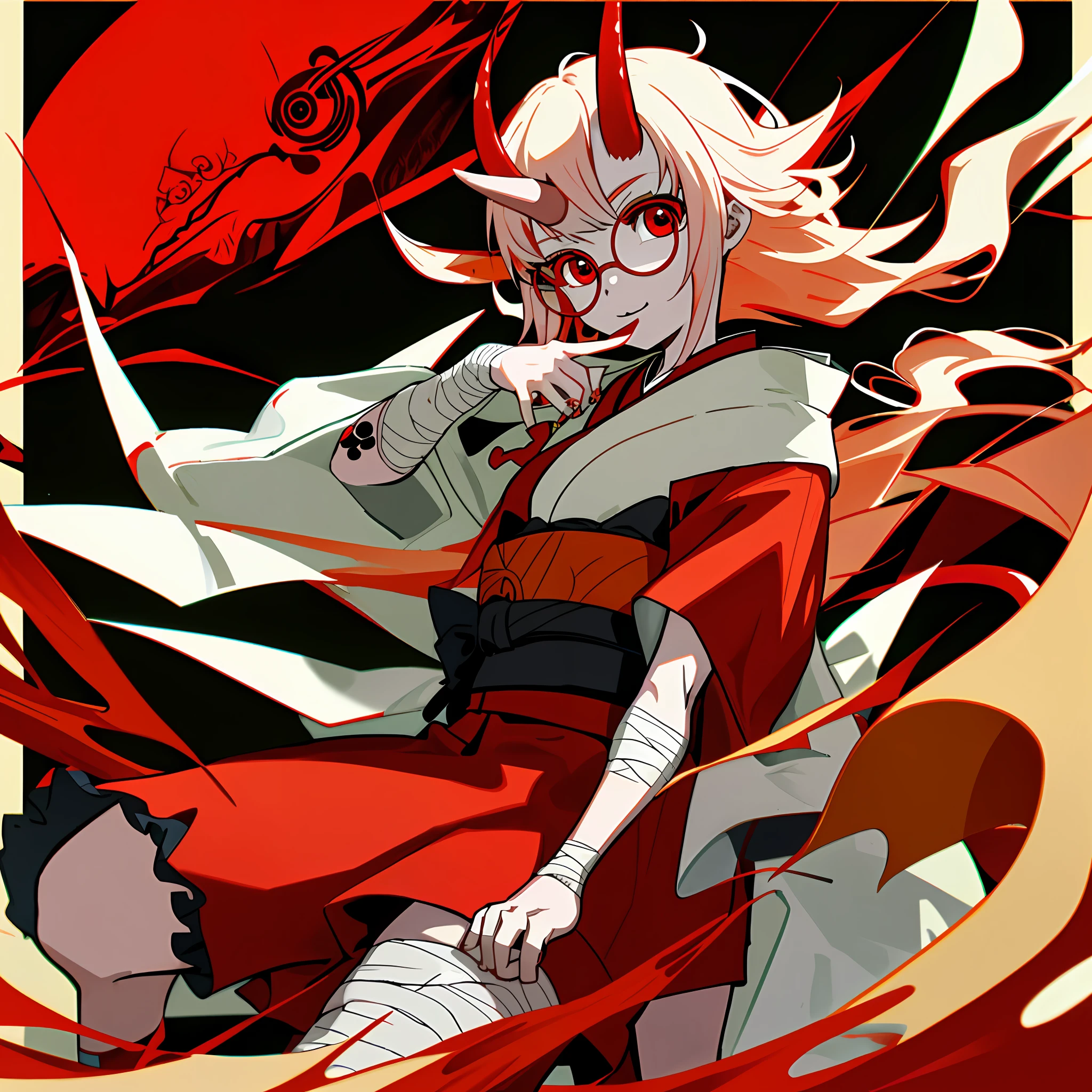 A with red eyes, round glasses, one horn, tattoo, devil tail, dressed in kimono, one leg is on bandages, light hair colour with bangs