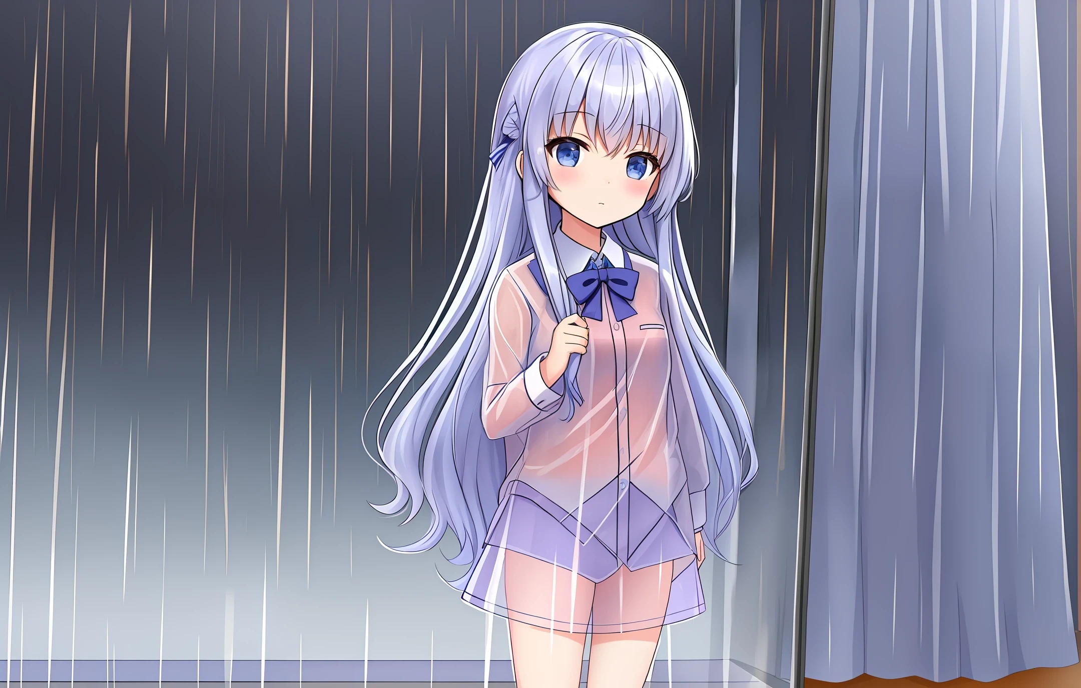 Lolis wearing 95% transparent plastic school uniforms on a rainy day.