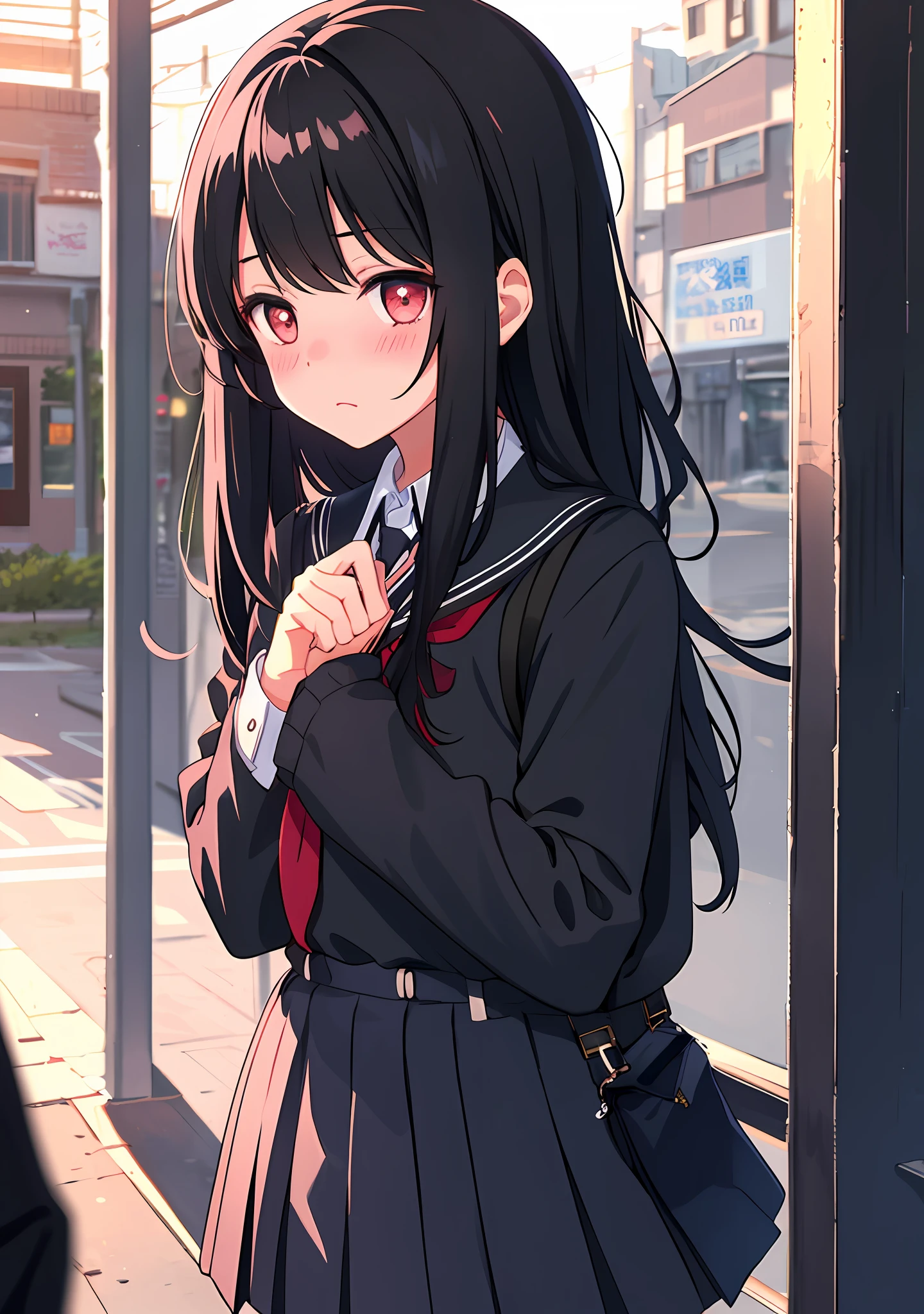 1girl, long black hair,schoolgirl uniform, shy, blush, (masterpiece, best quality), soft light, cinematic composition, cinematic light