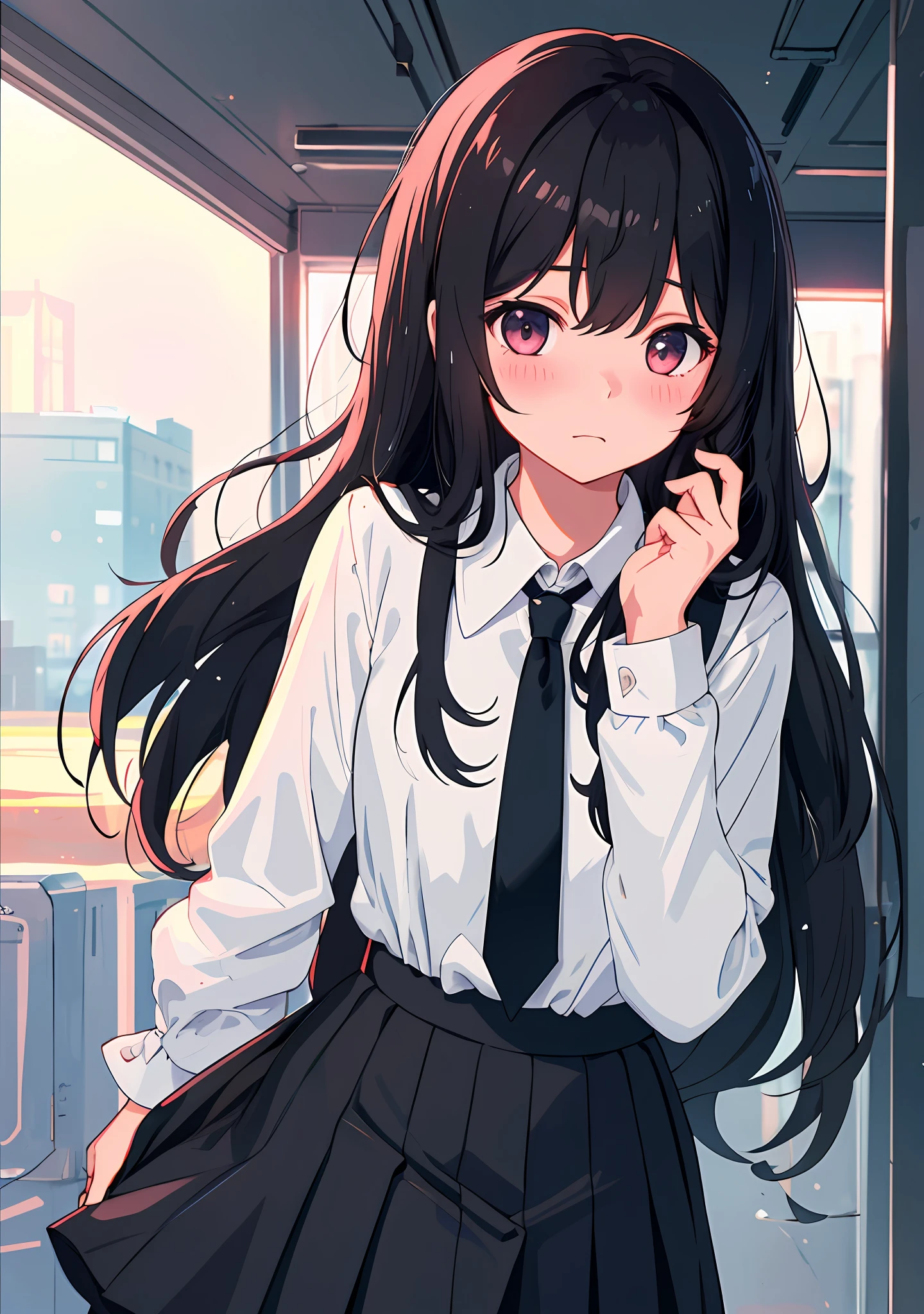 1girl, long black hair,schoolgirl uniform, shy, blush, (masterpiece, best quality), soft light, cinematic composition, cinematic light