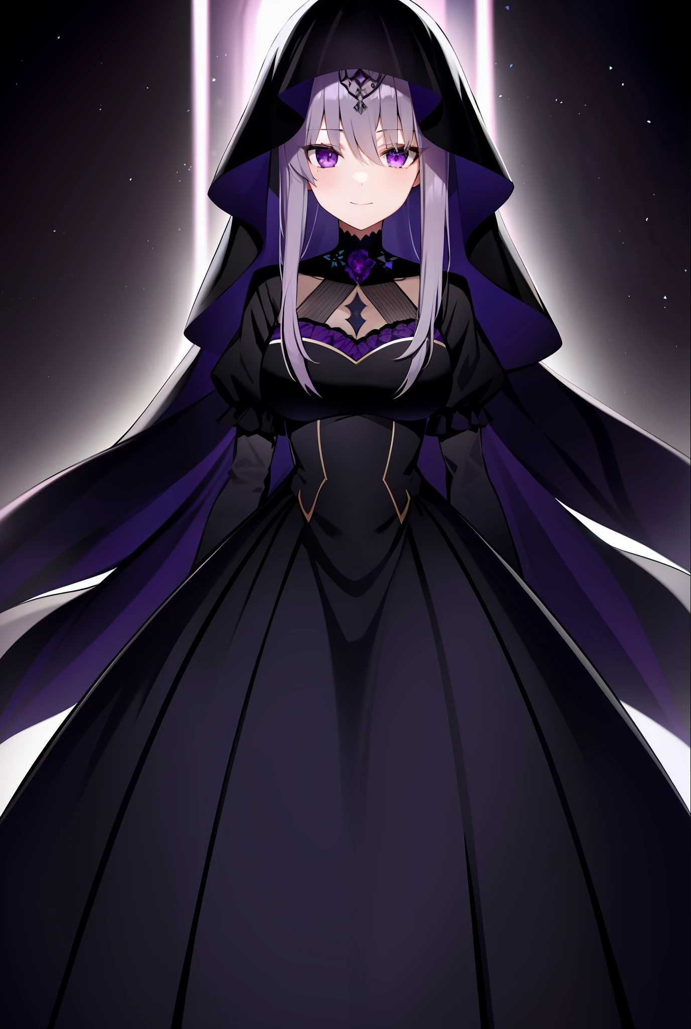 Satella, 1 Girl, Solo, Aura, Veil, purple_eyes, Brainwashing, Dark Aura, Evil Smile, Monster Behind, Clothes Latax Texture, High Quality, High Resolution,