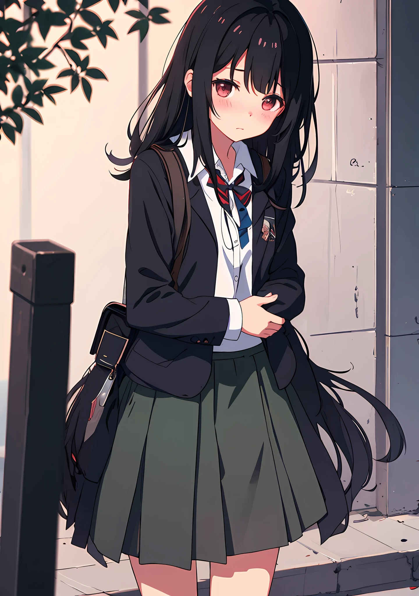 1girl, long black hair,schoolgirl uniform, shy, blush, (masterpiece, best quality), soft light, cinematic composition, cinematic light
