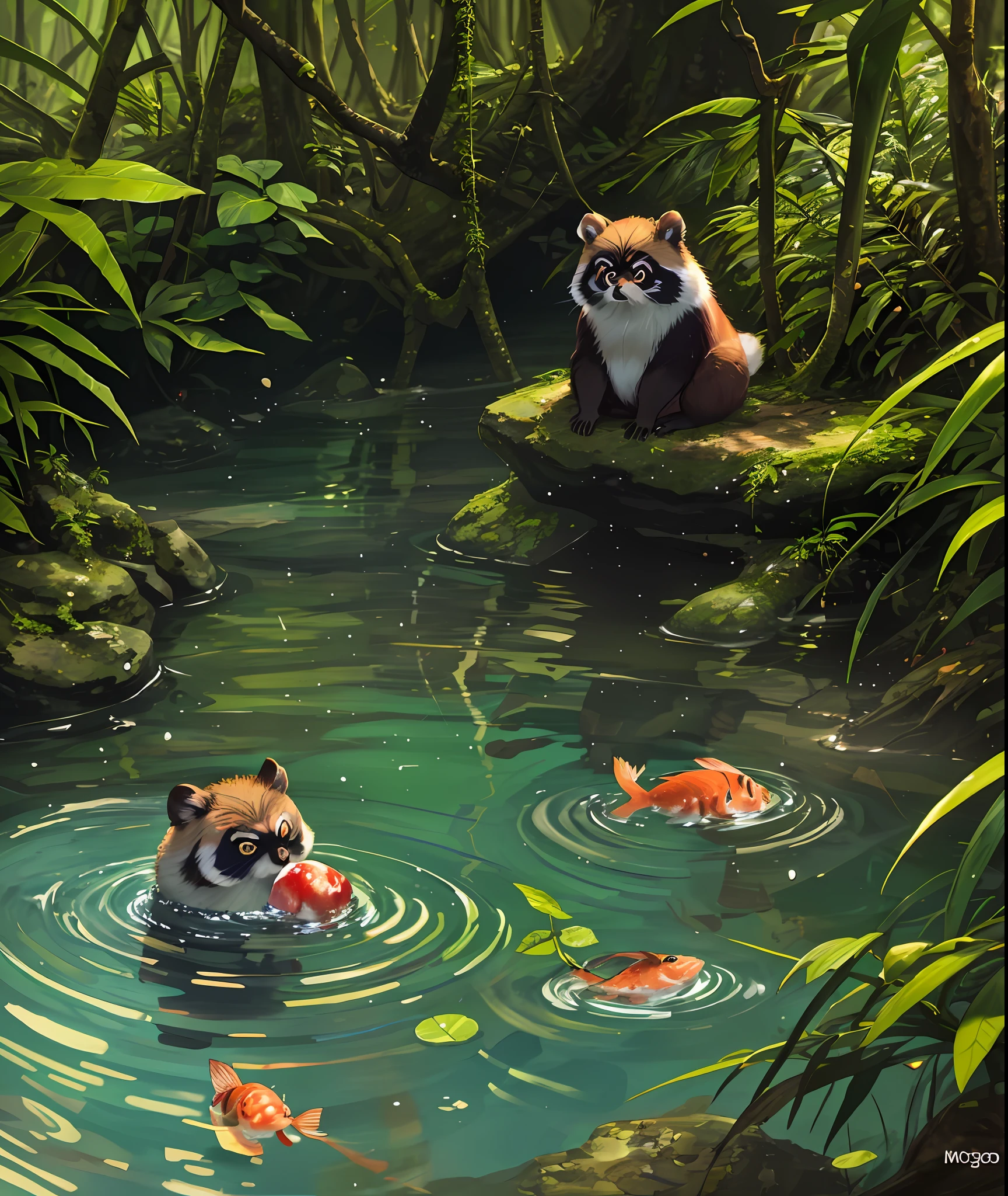 Tanuki swimming, eating fish,deep forest, sunlight (high detail), (real), (maximum resolution), close-up, macro, macro