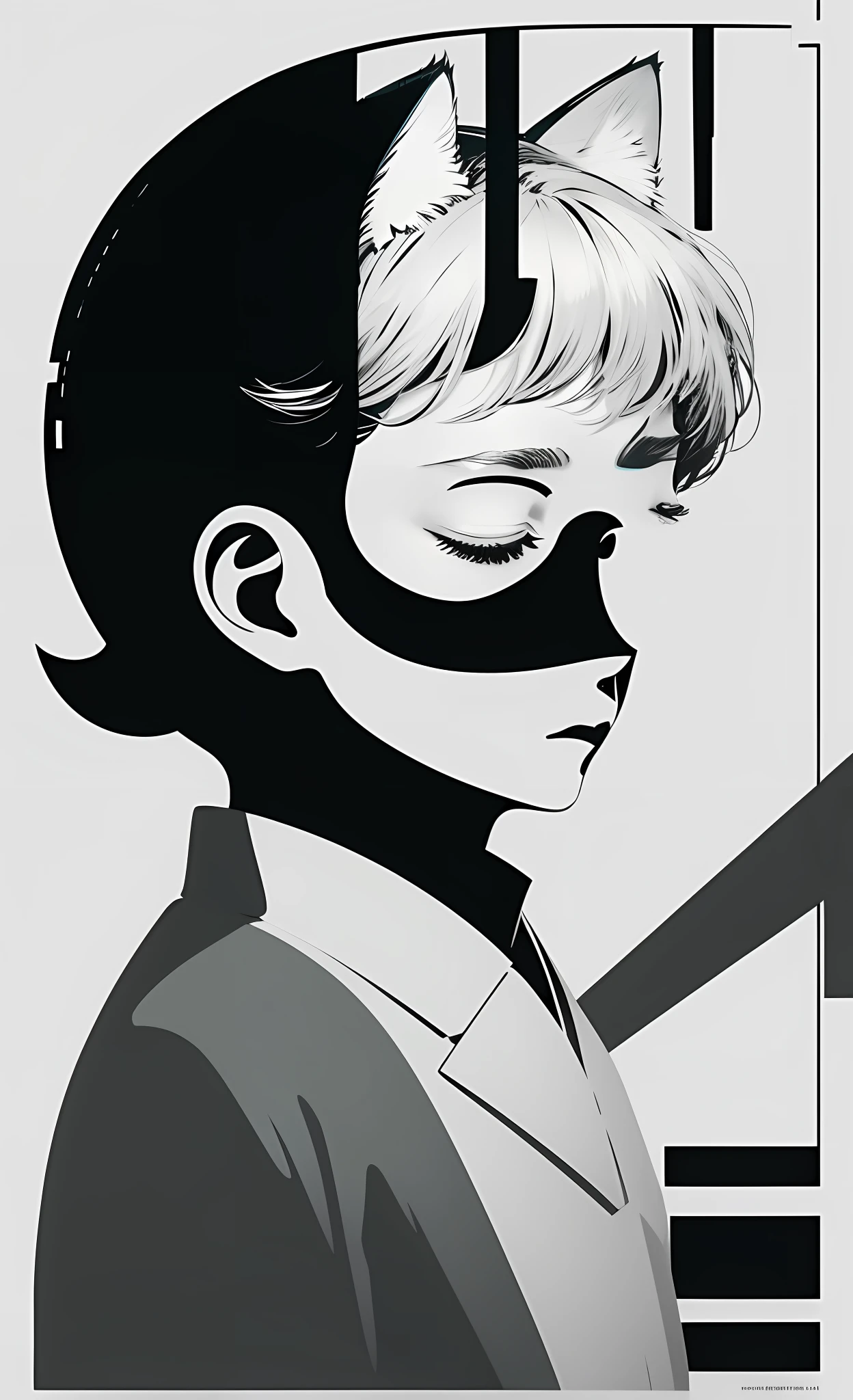 Closed eyes, long eyelashes, short hair, and a cat's ear on the head