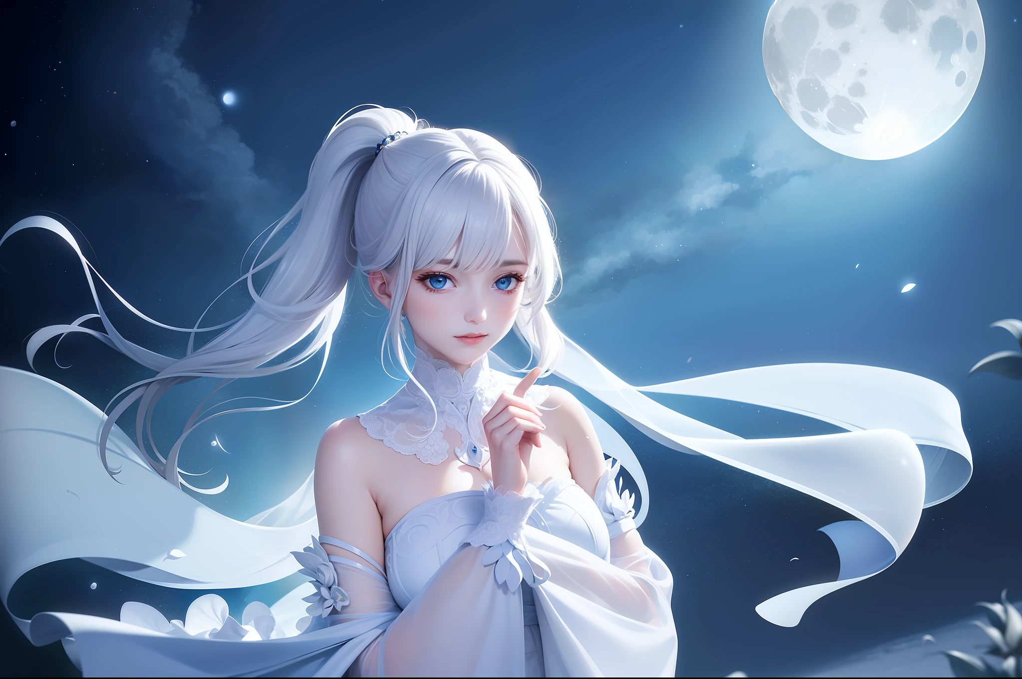 Masterpiece, (Best Quality: 1.2), (Super Fine: 1.2), Illustration, (Extremely Delicate and Beautiful: 1.2), Film Angle, Floating, (Beautiful Detail Eye: 1.1), (Detail Light: 1.1), Film Lights, Delicate Sky, Woman, White Hair, Blue Eyes, (High Ponytail: 1.1), Cloak, Glowing Eyes, (Moon: 1.2), (Moonlight: 1.1), Starry Sky, (Light Particles: 1.1), Fog , snow painting, sketching, blooming