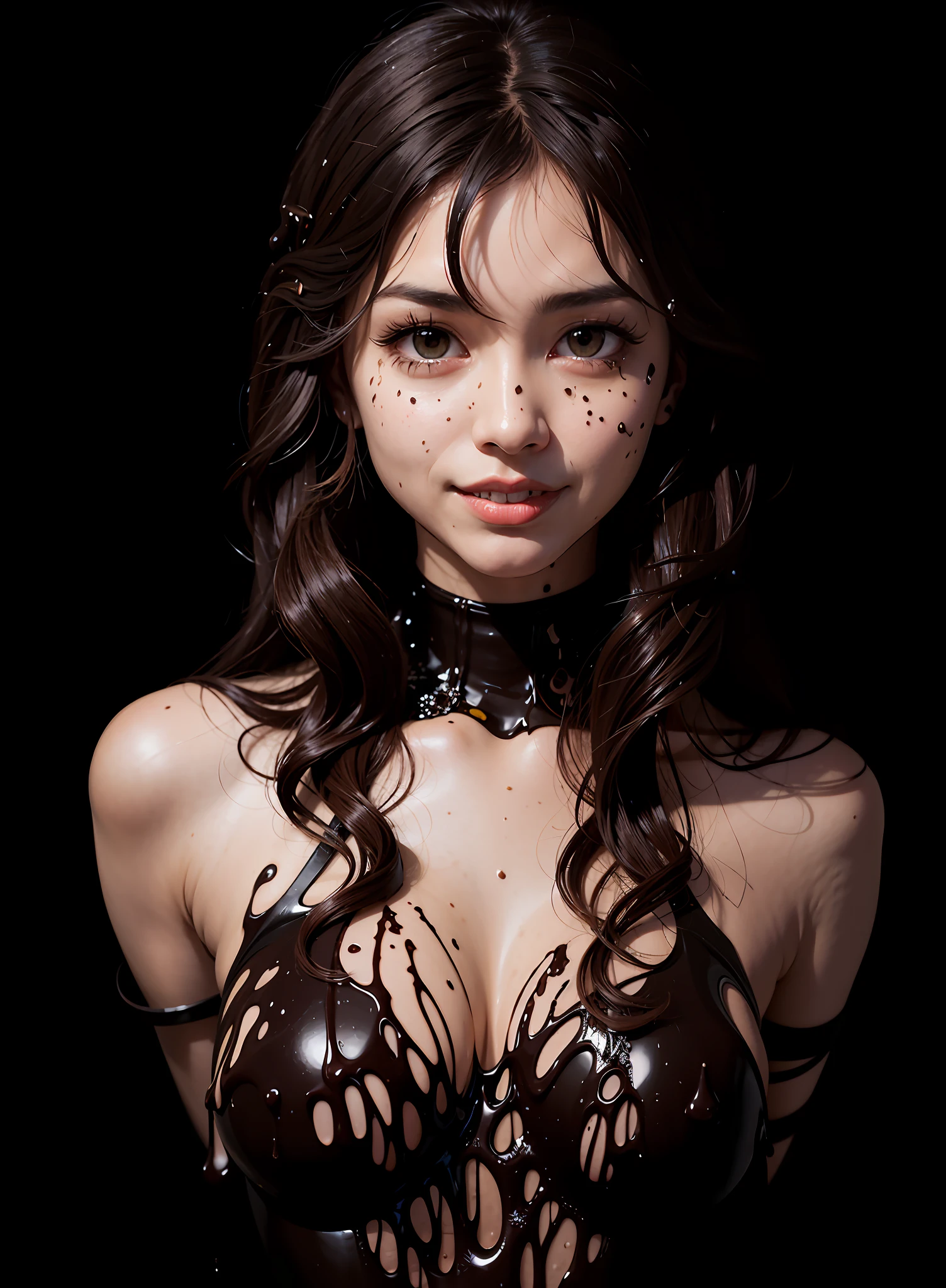 beautiful face, pretty eyes, outside, portrait, park, trees, teeth, eyes open, ward winning photo, best quality, upper body, Hannahowo, windblown black hair, by lee jeffries nikon d850 film stock photograph 4 kodak 400 camera f1.6 lens rich colors hyper realistic lifelike texture natural lighting unreal engine trending on artstation cinestill 800, (100mm lens) Chocolate waterfall, liquid chocolate splash, chocolate drips on skin and nose, falling chocolate from above, brown liquid drips, Smile, Chocolate shower, brown liquid splashes, Oily skin, highly detailed facial and skin textures, detailed eyes, double eyelids, long brown hair, small perspective, ((seductive:1.5)), (nipple) standing under a chocolate waterfall, chocolate pouring onto her hair and shoulders, a hyperrealistic photograph, smiling, smothered in melted chocolate, oozing black goo, sticky black goo. photography, covered with black goo, made of smooth black goo, black oil, dripping on her skin, black slime, black hair, detailed, (chocolate pouring in background)+ shiny skin, happy expression on her face, asian women in a room of chocolate, ((chocolate pouring down)), black oil sludge, covered with liquid tar. dslr, oozing black goo, chocolate river, fuji choco, onsen, made of smooth black goo, Asian woman, chocolate art, chocolate, dark chocolate paint, chocolate sauce, covered with pudding