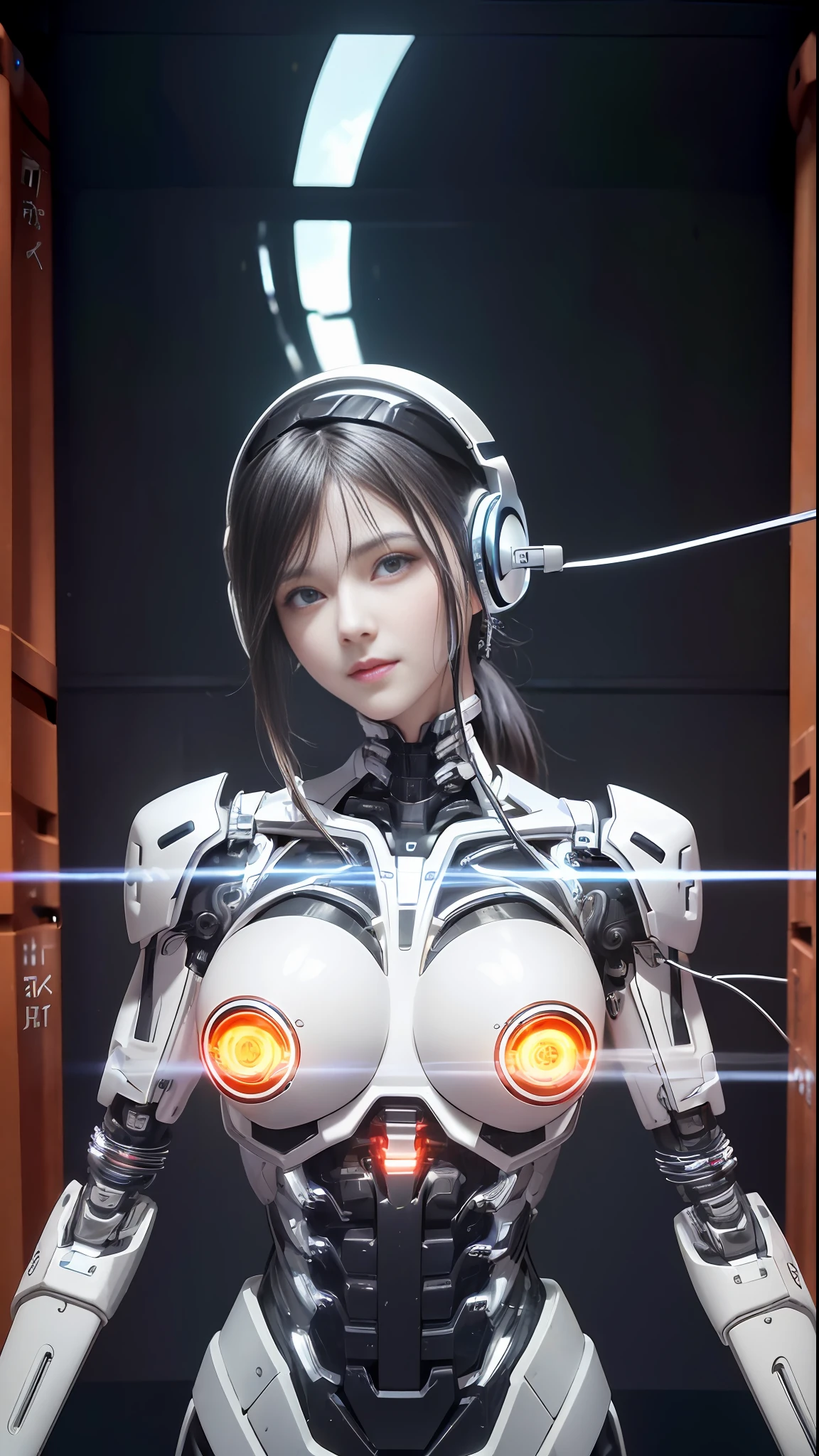 cultivation tank, (16K RAW Photo ),（CanonEOS, Lens, 85mm F1.2,  ISO100,  ShutterSpeed500), ((nudity)),  ((masterpiece, best quality, beautiful and aesthetic:1.0)),  ((ultra-detailed)),  cinematic light,  ((1girl:1.3)),  (character focus), smile, looking at viewer,  ((white and silver cybernetic implants)), blood vessels connected to tubes, mechanical vertebra attaching to back, ((colored electronic cables and chips:1.0)), (((full of optical fiber cables that are wired in the implanted parts in the body covered translucent metallic skin:1.0))),  ((large breasts:1.0)),  ((mechanical limbs)), biomechanical, ((Colorful high ponytail)),  (machine made joints:0.8),  ((mechanical headphones)),  ((body of precision machine:1.0)),  (wires and cables attaching to body:1.2)),  (in container:1.6),  (mechanical parts:0.5)