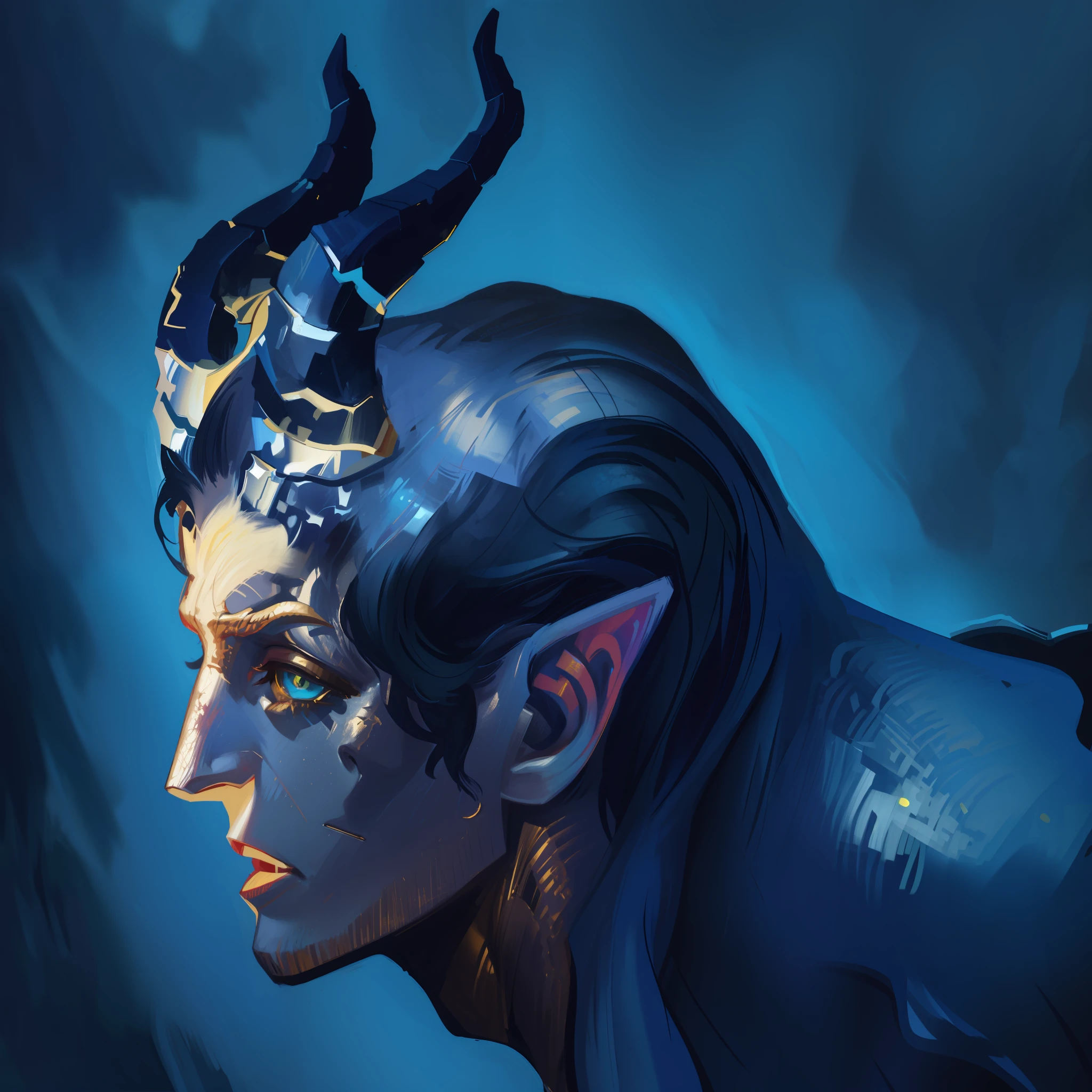 hyper detailed gouache style painting portrait of a handsome male Tiefling, smooth shadows, detailed horns, hyper realistic textures, 8k, best quality, masterpiece, smooth shadows, correct anathomy, expressive painting, neon highlights
