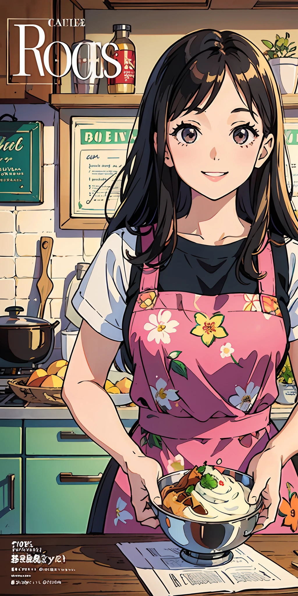 (Best Quality, Masterpiece), Women's Cooking Magazine Cover, 1girl, 20 years old, stunning, cute, warm smile, hourglass figure, floral dress, apron, food, text, diagram, advertising, magazine title, ray tracing, hyper-detail. --v6