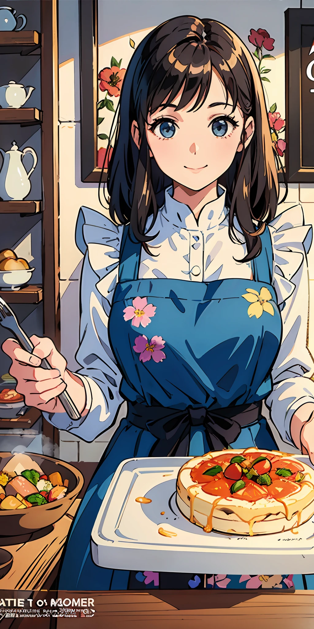 (Best Quality, Masterpiece), Women's Cooking Magazine Cover, 1girl, 20 years old, stunning, cute, warm smile, hourglass figure, floral dress, apron, food, text, diagram, advertising, magazine title, ray tracing, hyper-detail. --v6