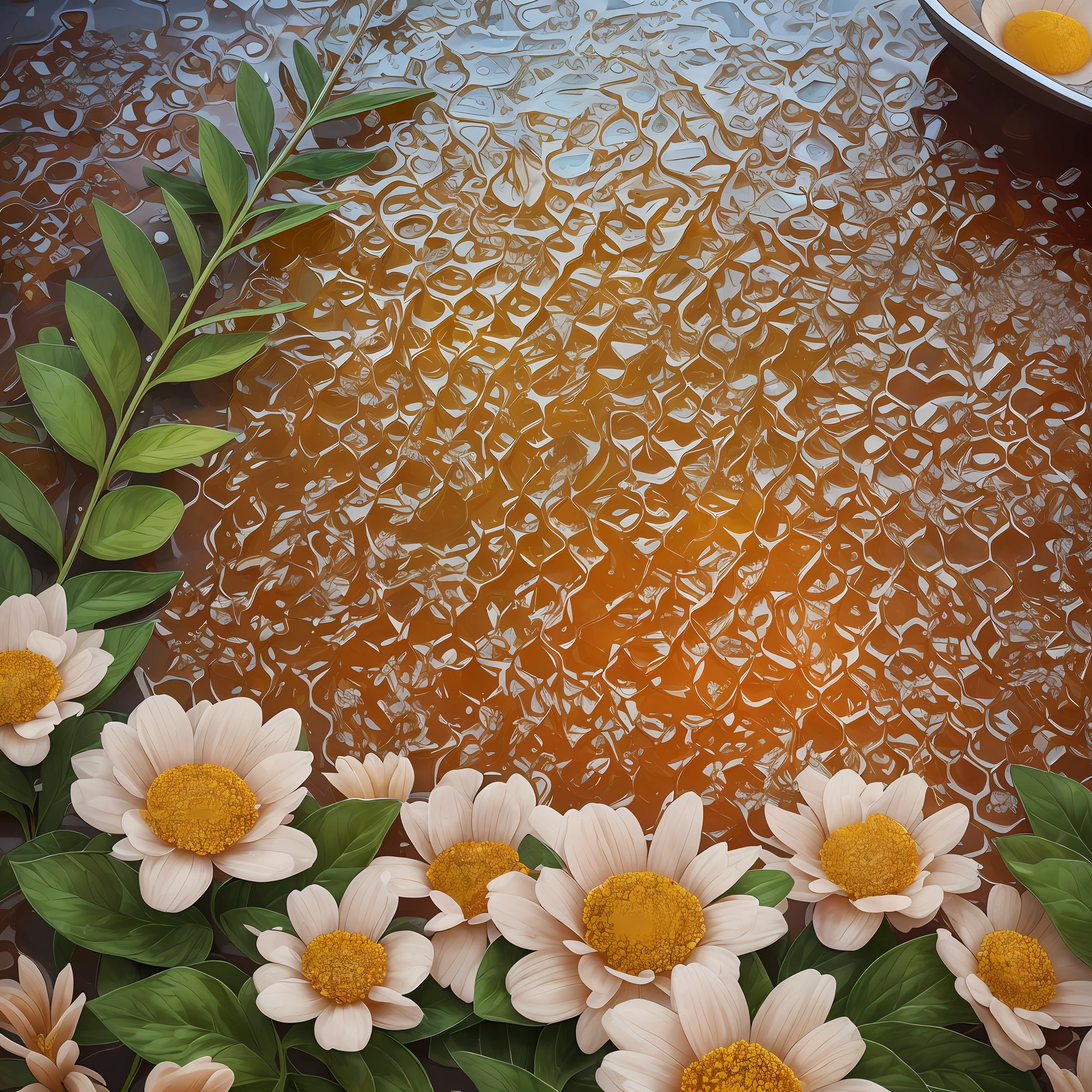 Product photography of a square of handmade soap with a thickness of 2.5cm, thin, flowing liquid honey bursting out from the handmade soap, the texture is clear and detailed and real, next to it is equipped with flowing liquid honey and plant flowers, liquid honey flowing on the surface of the handmade soap, with natural plant flowers, log table, multiple scenes, professional lighting, highest quality, realistic, light background, realistic 3D rendering, dream, commercial poster, comic style, comics, oil painting --v 6