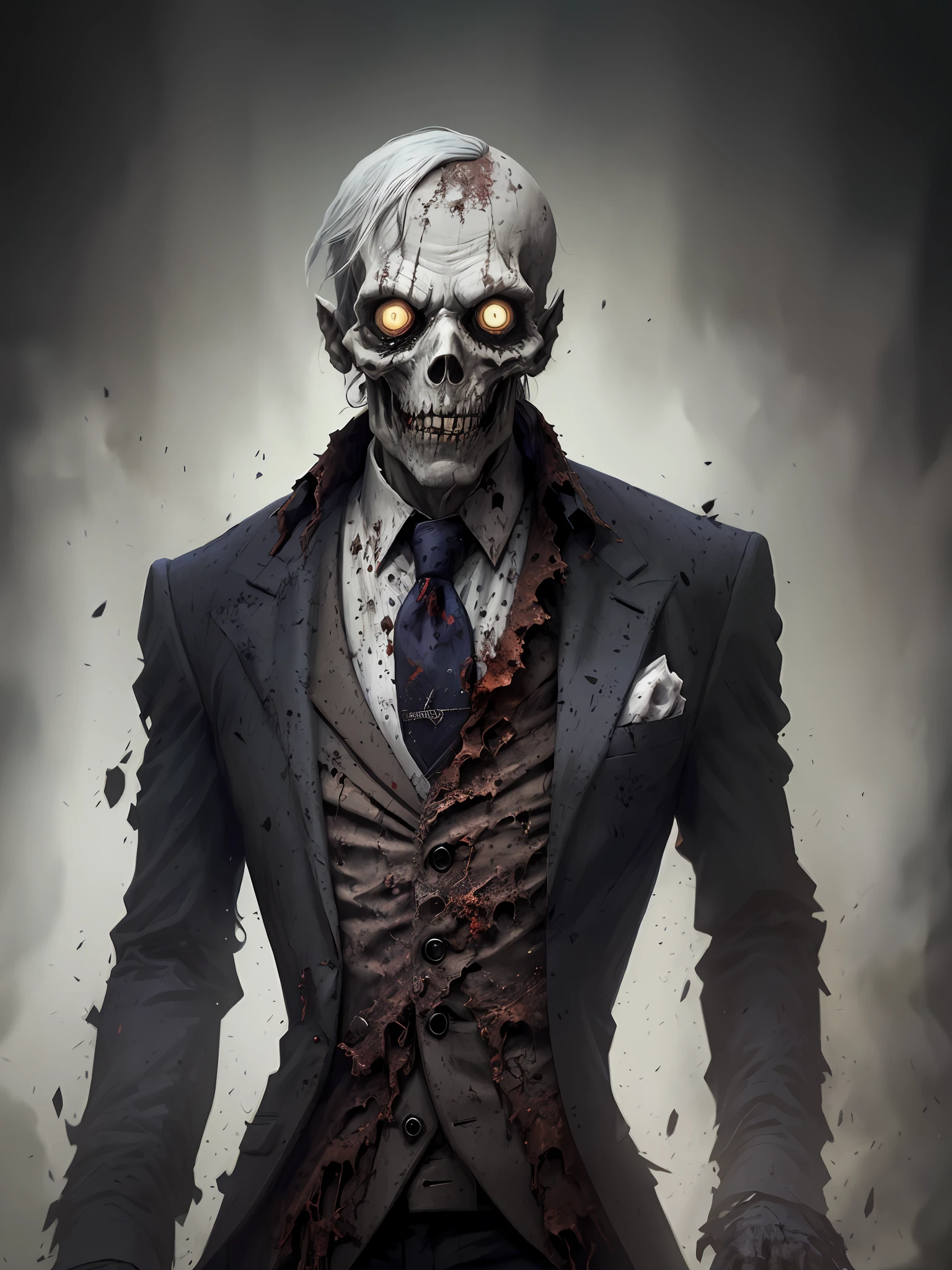 there is a man in a suit and tie with a zombie face, zombie with white eyes, portrait of a zombie, undead. highly detailed, zombie in horror concept art, portrait of a necromancer, evil zombie, undead facial features, undead, cyborg zombie, skeleton in a suit, portrait of the necromancer, dark but detailed digital art
