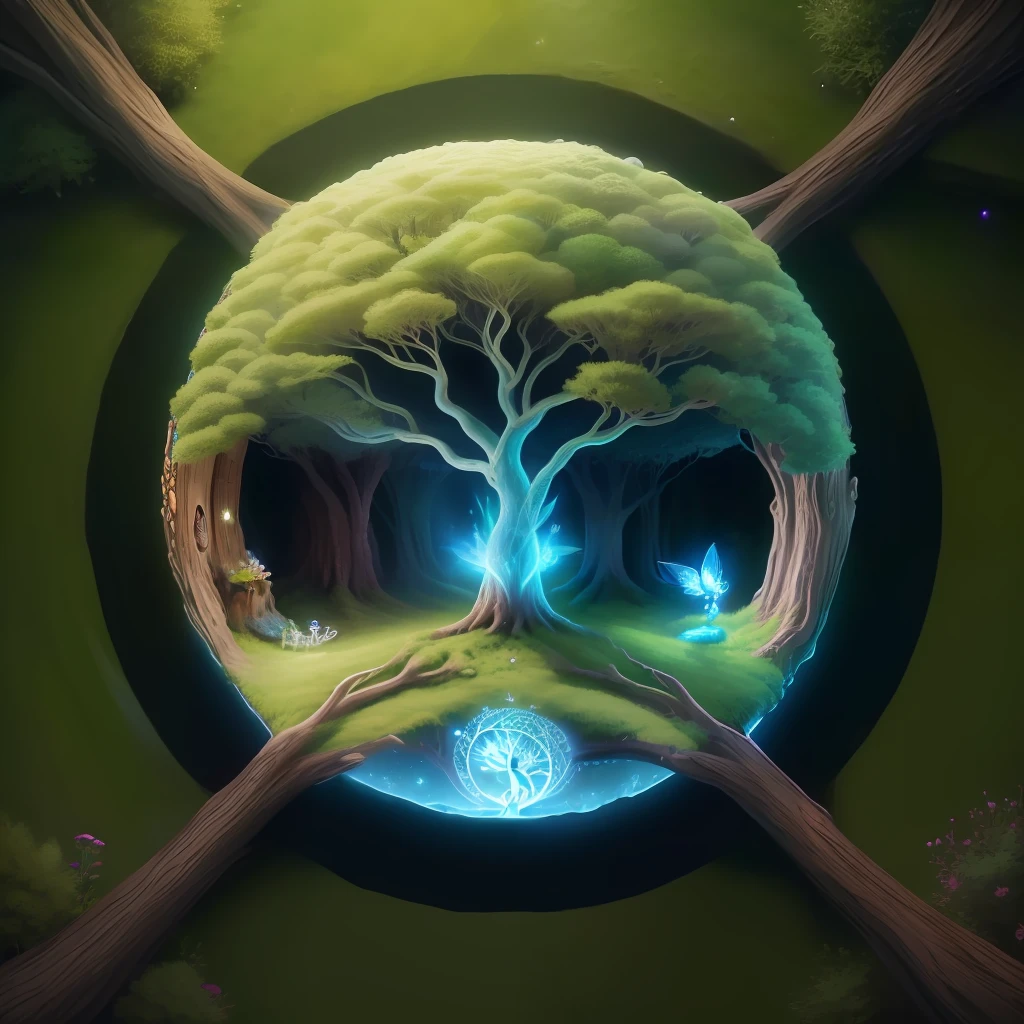 ((fairies))tree of life, on a hobbit home, sprinkling pixie dust, detailed imagery, dreamlike quality, isolated within circle-upscale-4K