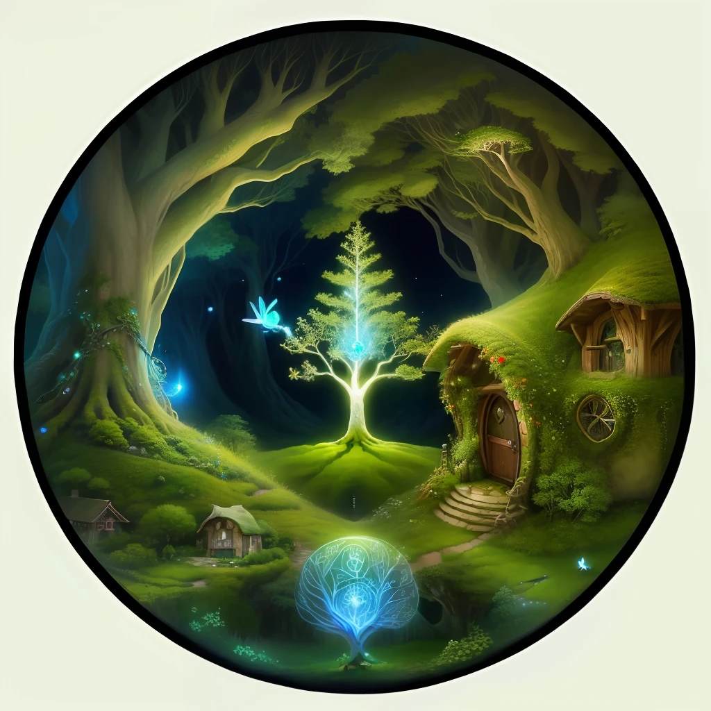 ((fairies))tree of life, on a hobbit home, sprinkling pixie dust, detailed imagery, dreamlike quality, isolated within circle-upscale-4K