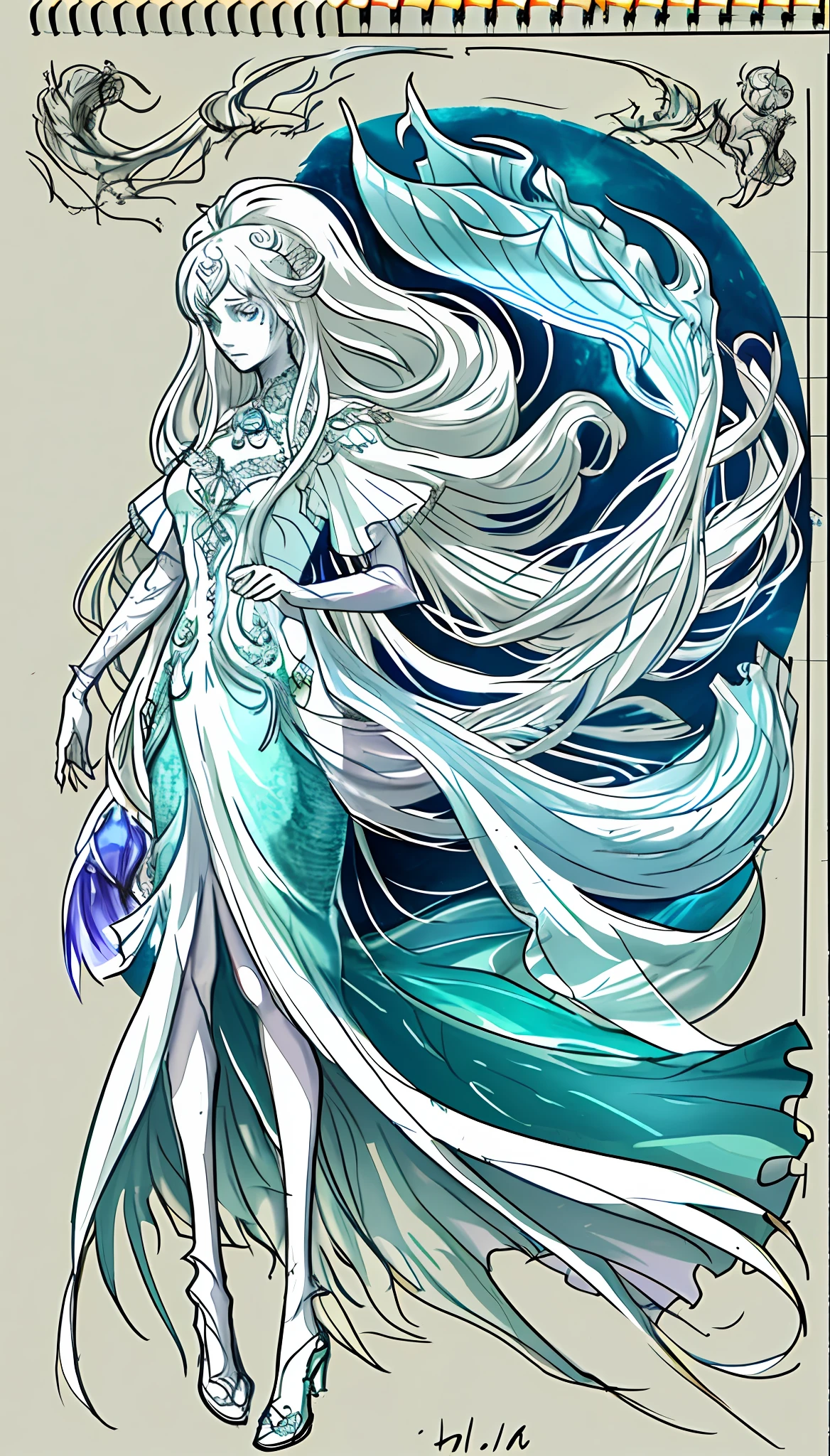 a drawing of a mermaid with long hair and a dress, full body concept, detailed full body concept, jellyfish priestess, concept sketch, character design sketch, outline sketch, old sketch, concept piece, rough sketch, concept art sketch, clear outfit design, sketchy artstyle, detailed but rough, line sketch, matte sketch, inspired by Warwick Goble