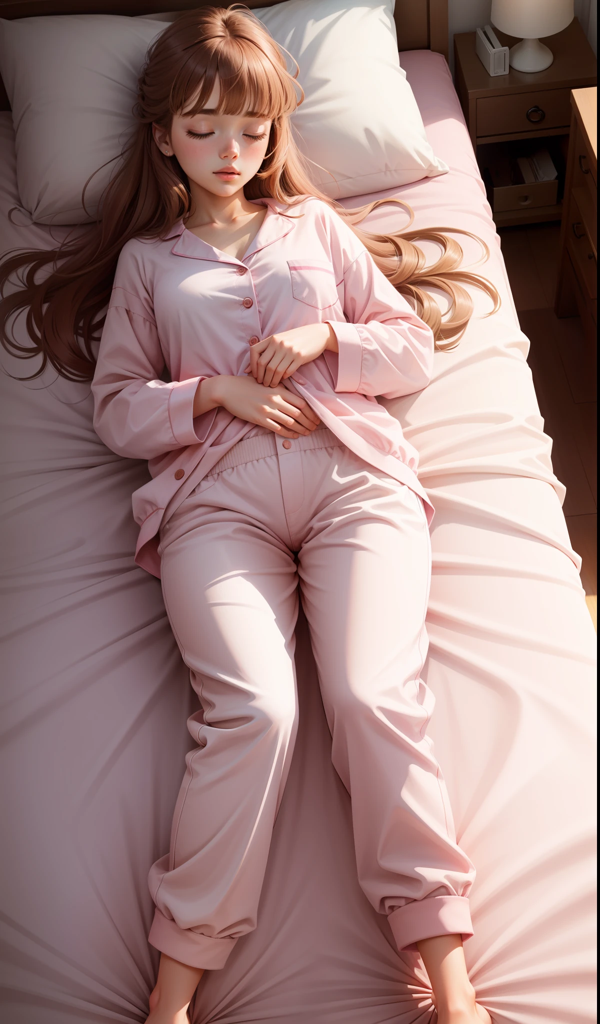 Sleeping girl, 22 years old, realistic, she is wearing long pants, she is wearing pink pajama, brown hair.