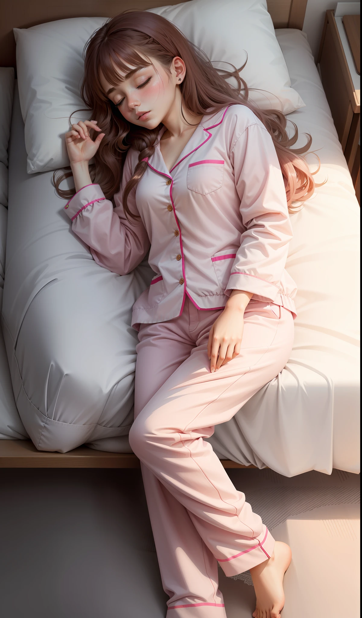 Sleeping girl, 22 years old, realistic, she is wearing long pants, she is wearing pink pajama, brown hair.