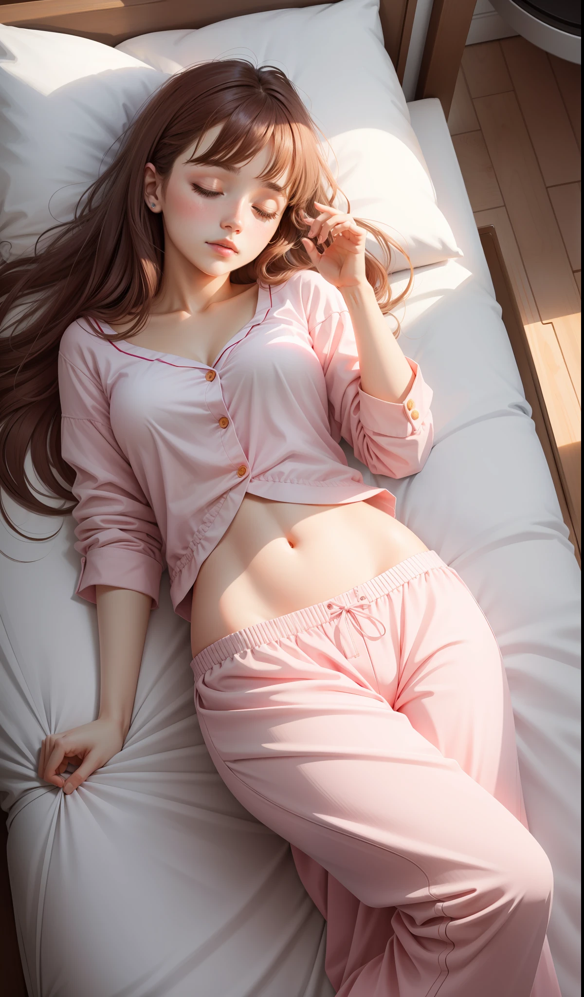 Sleeping girl, 22 years old, realistic, she is wearing long pants, she is wearing pink pajama, brown hair.