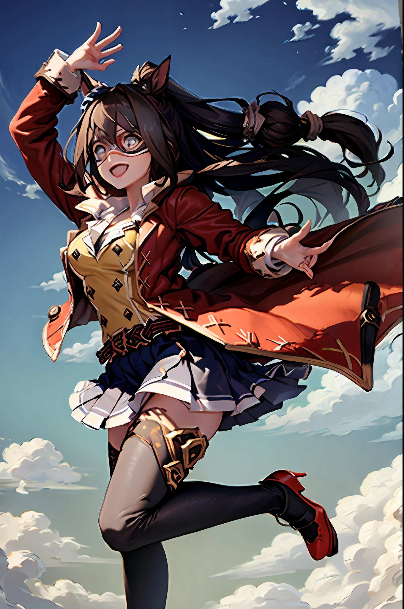 anime, masterpiece, best quality, ultra-detailed, illustration, 1girl, solo, (extremely detailed CG unity 8k wallpaper), highly detaile, el condor pasa \(umamusume\), (domino mask), sailor collar, long sleeves, yellow shirt, buttons, (red coat), open coat, belt, pleated skirt, blue skirt, miniskirt, black thighhighs, red footwear, high heels, smile, cowboy_shot, (Arms behind)